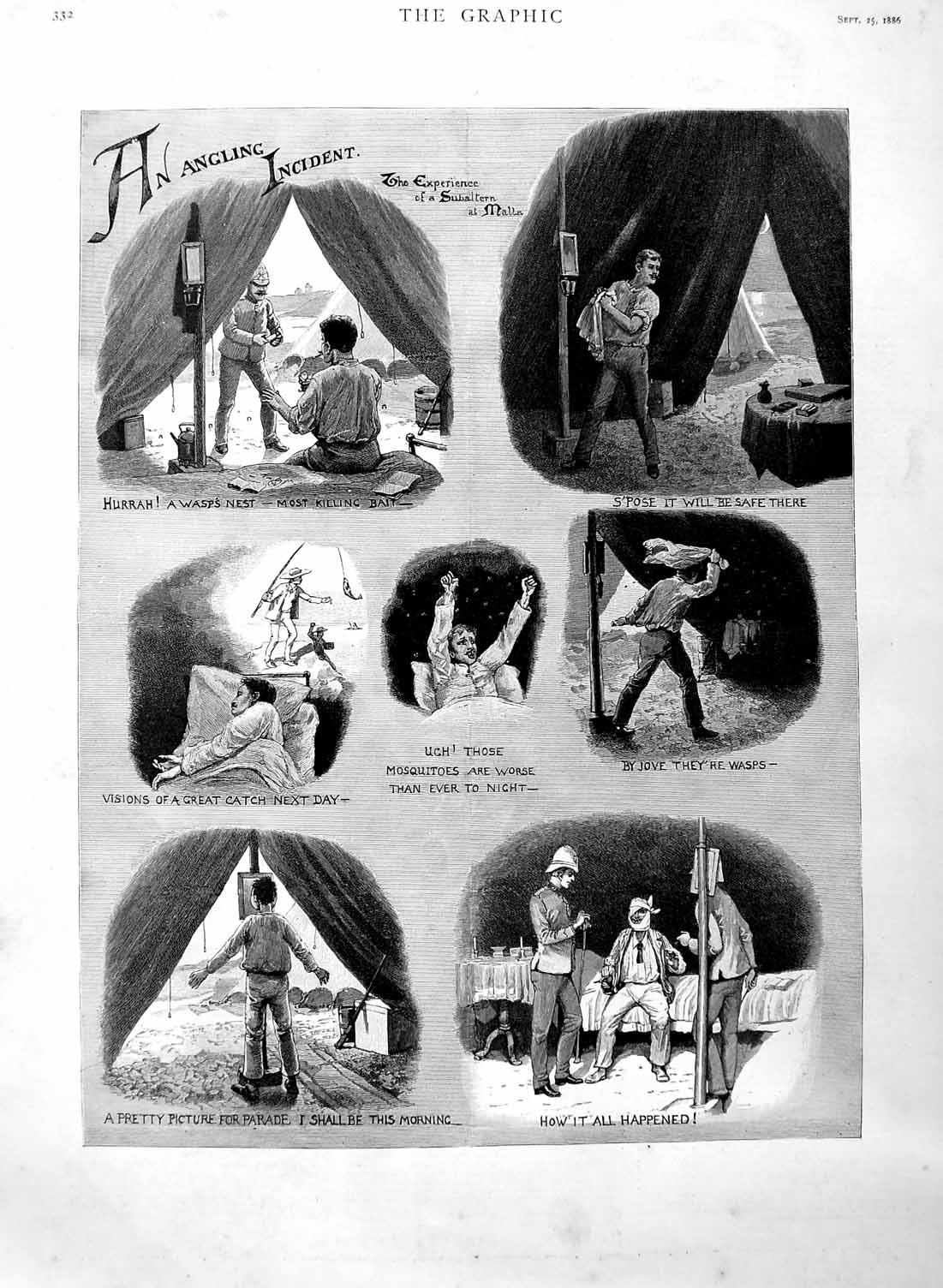 Old Antique Print 1886 Angling Accident Tent Fishing Wasps Nest Fine Art 19th