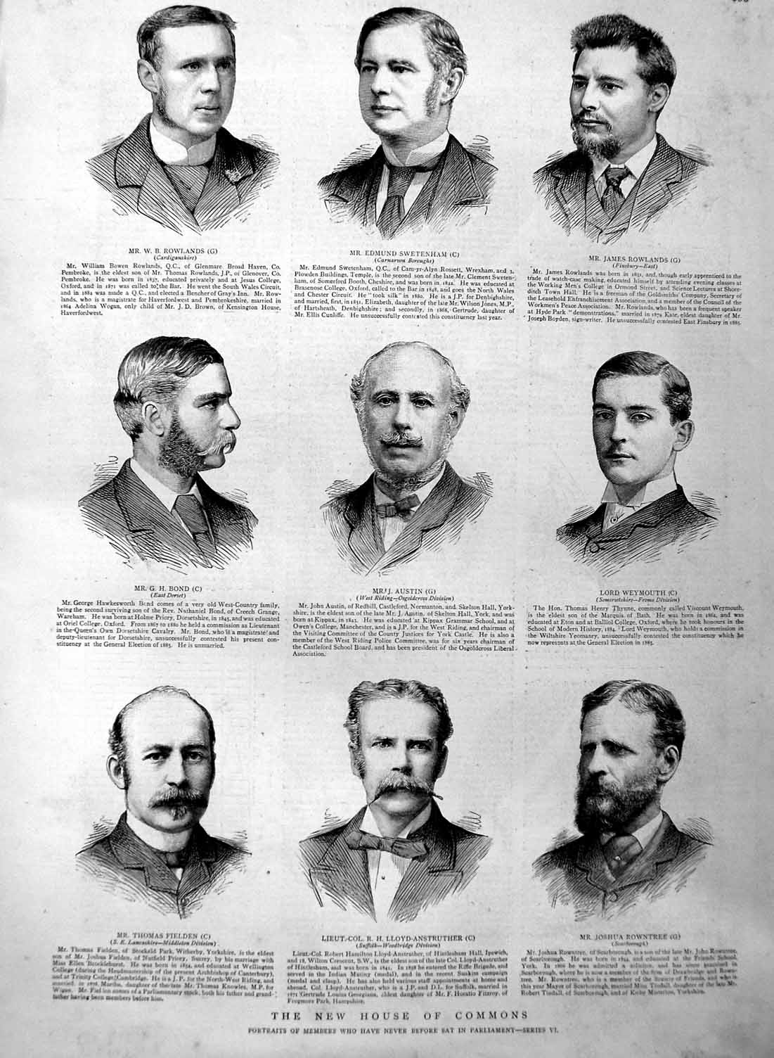 Original Old Antique Print 1886 Parliament Men Fielden Rowntree Austin R 19th