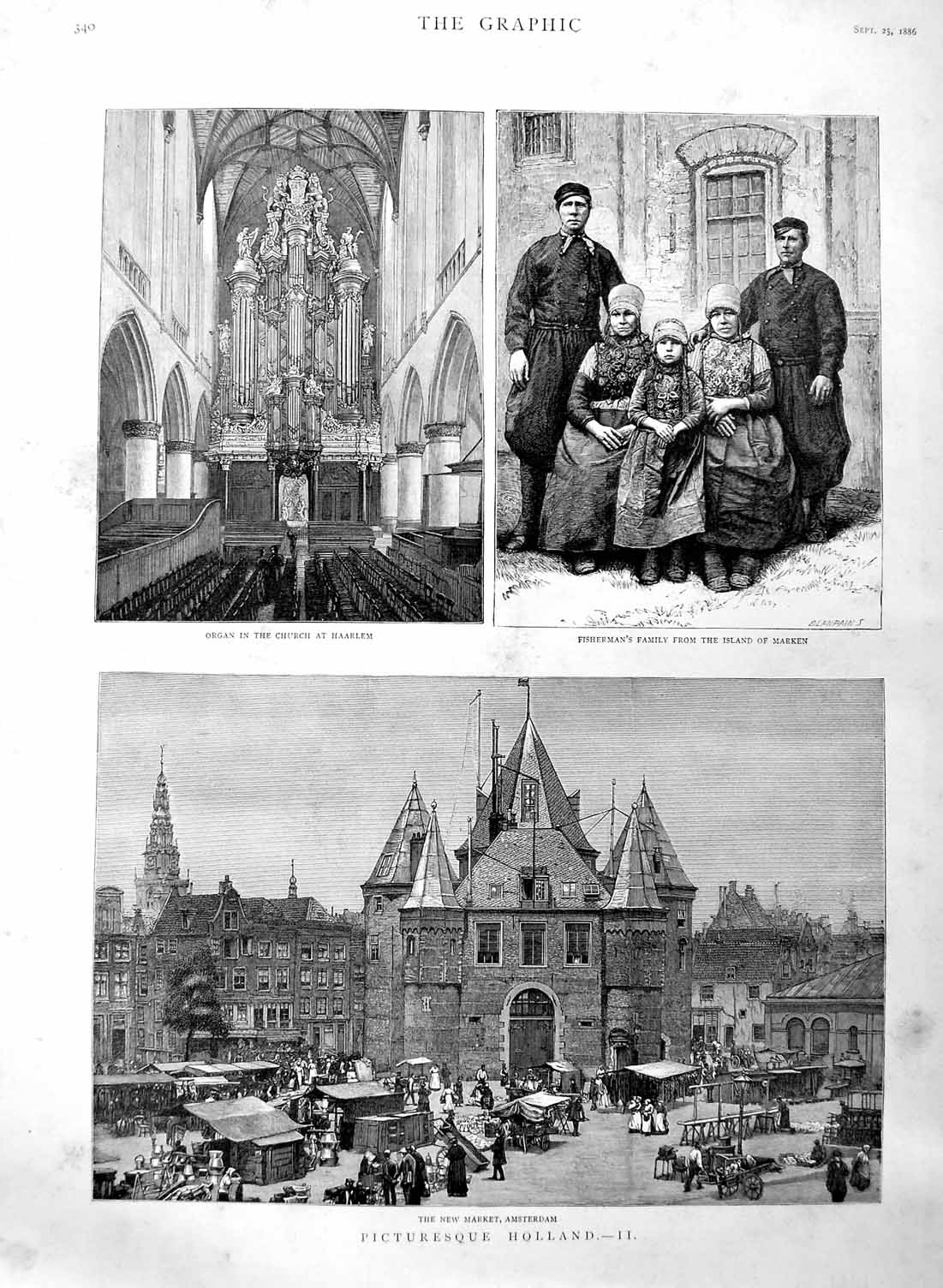 Original Old Antique Print 1886 Holland Amsterdam Market Church Haarlem Marken