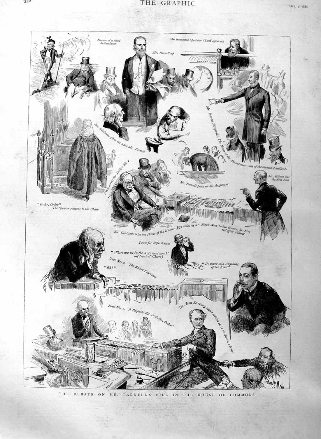 Old Antique Print 1886 Debate Mr. Parnell Bill House Commons Parliament 19th