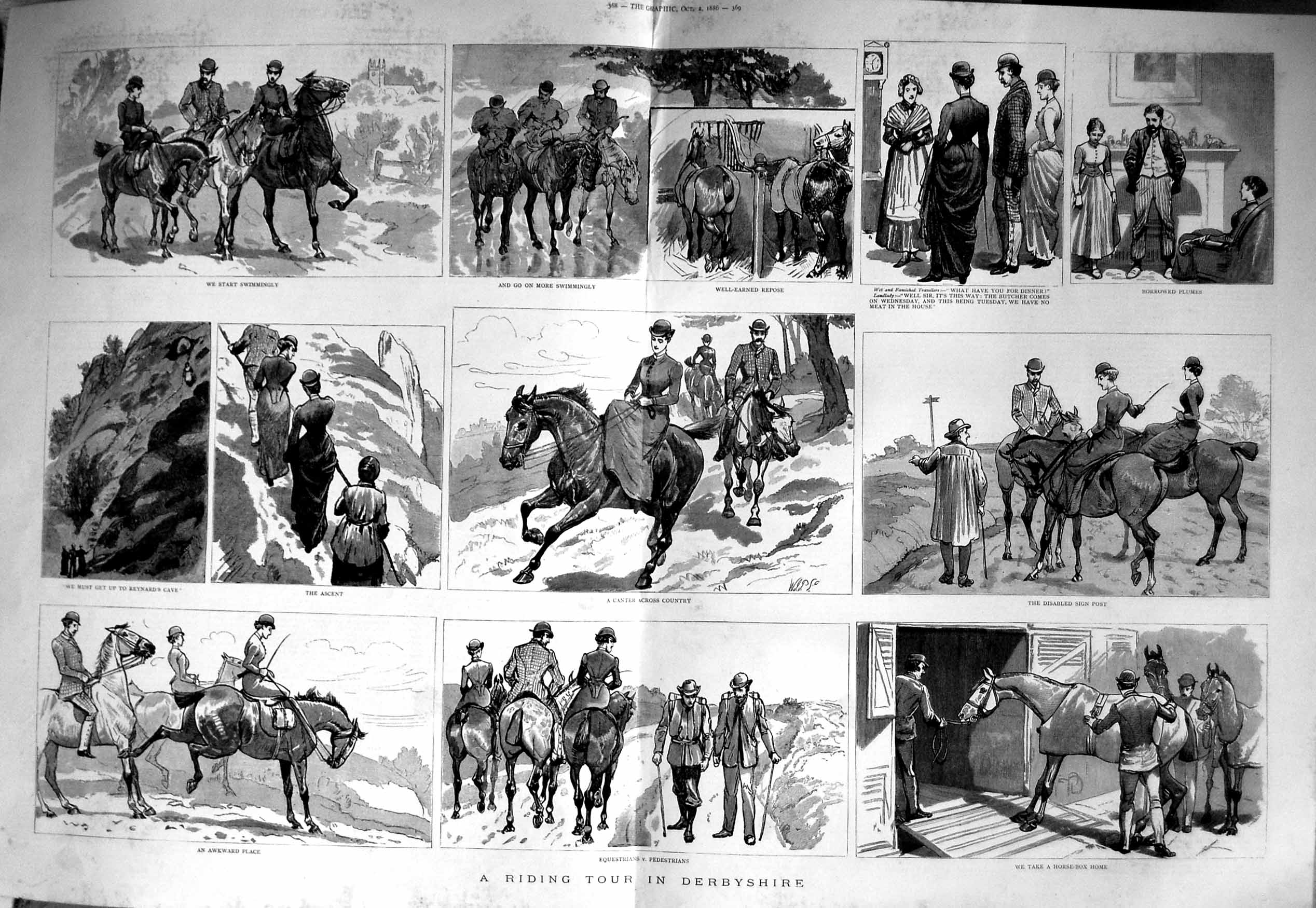Original Old Antique Print 1886 Horse Riding Tour Derbyshire Reynar Victorian