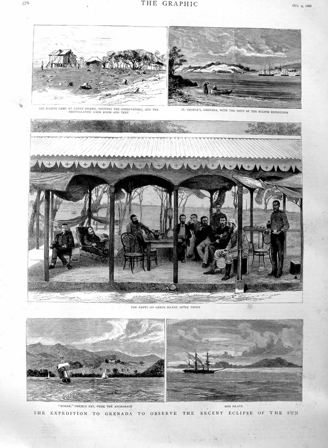 Original Old Antique Print 1886 Grenada Hog Island Horne Eclipse Sun Tiffi 19th