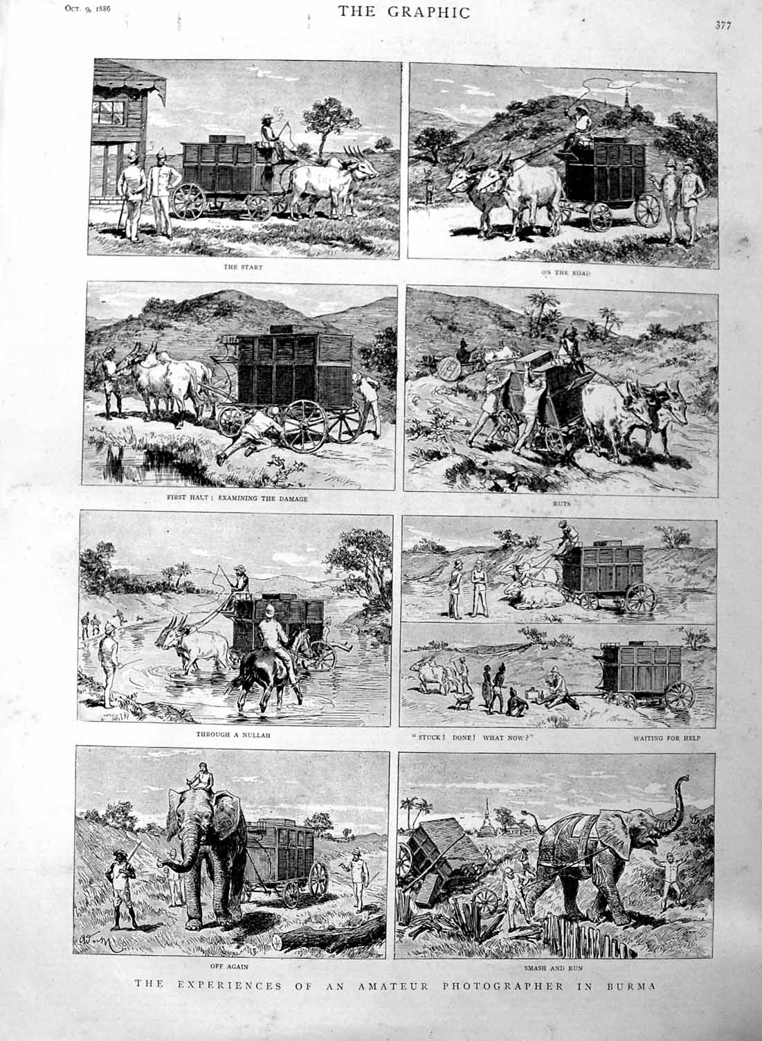 Original Old Antique Print 1886 Amateur Photography Burma Elephants Nullah 19th