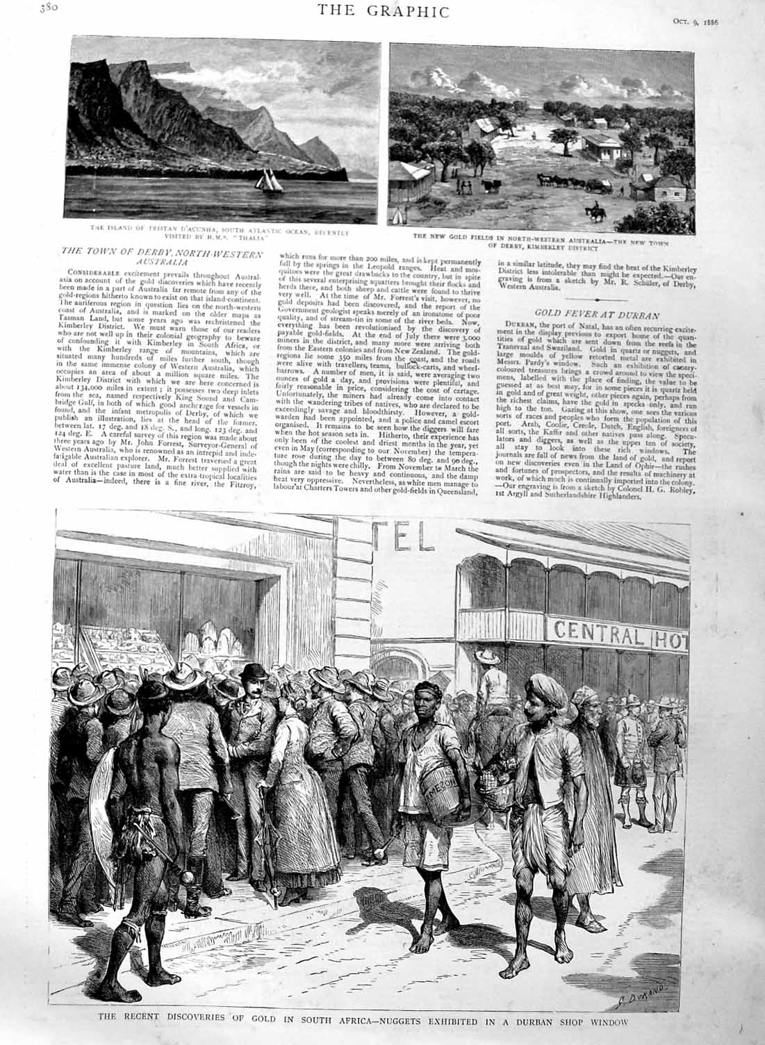 Original Old Antique Print 1886 GNuggets Africa Durban Tristan Kimberley Mine