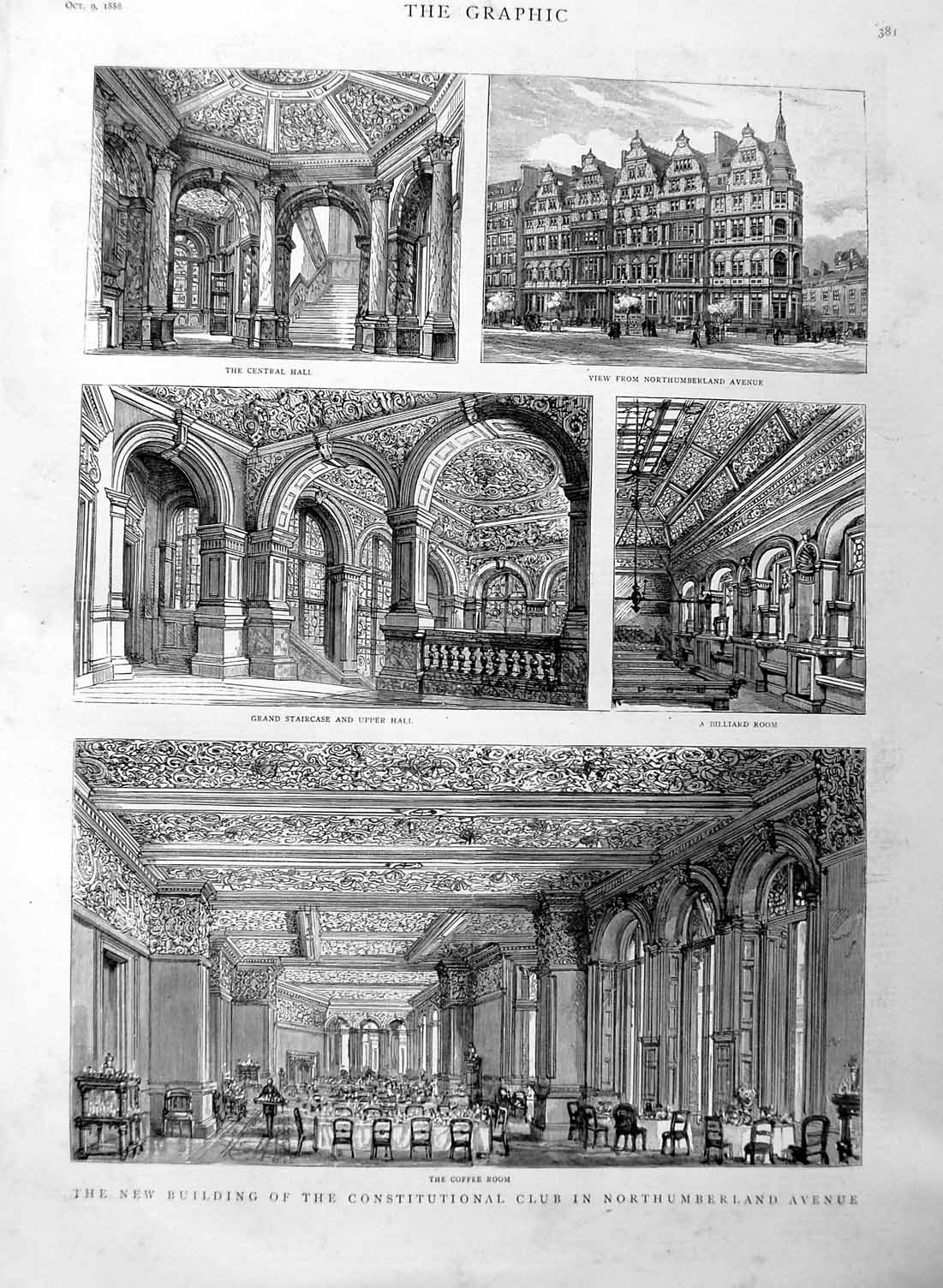 Old Antique Print 1886 Constitutional Club Northumberland Avenue Coffee 19th
