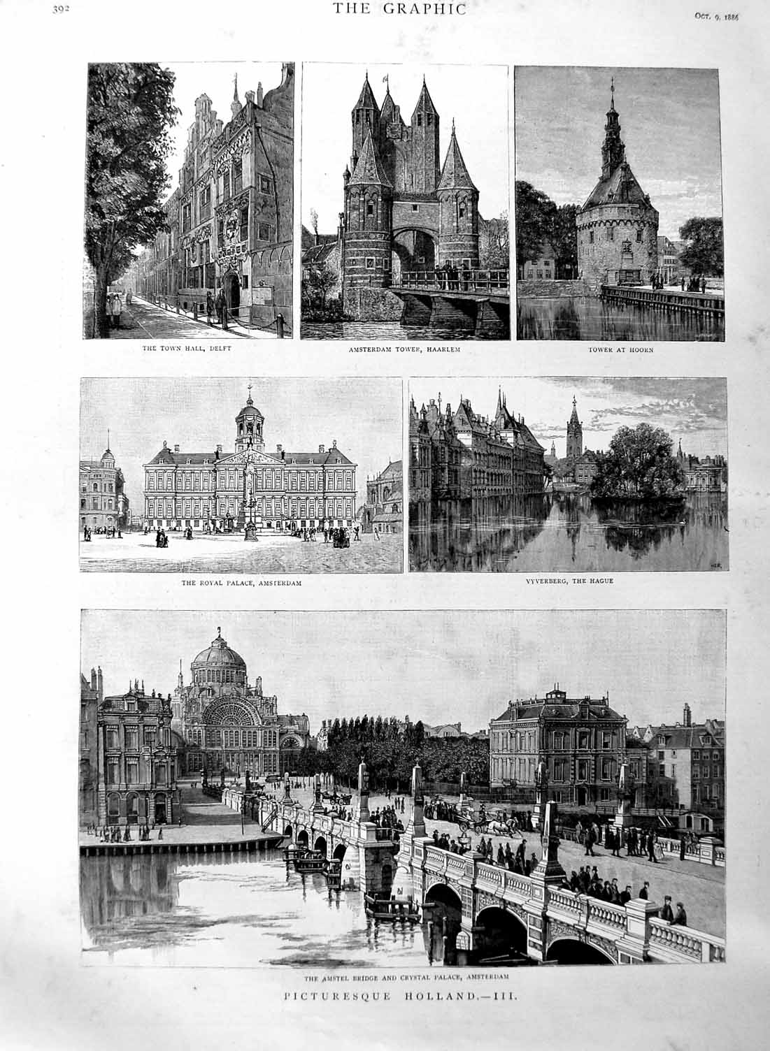 Original Old Antique Print 1886 Holland Amstel Bridge Amsterdam Vyverberg Hague
