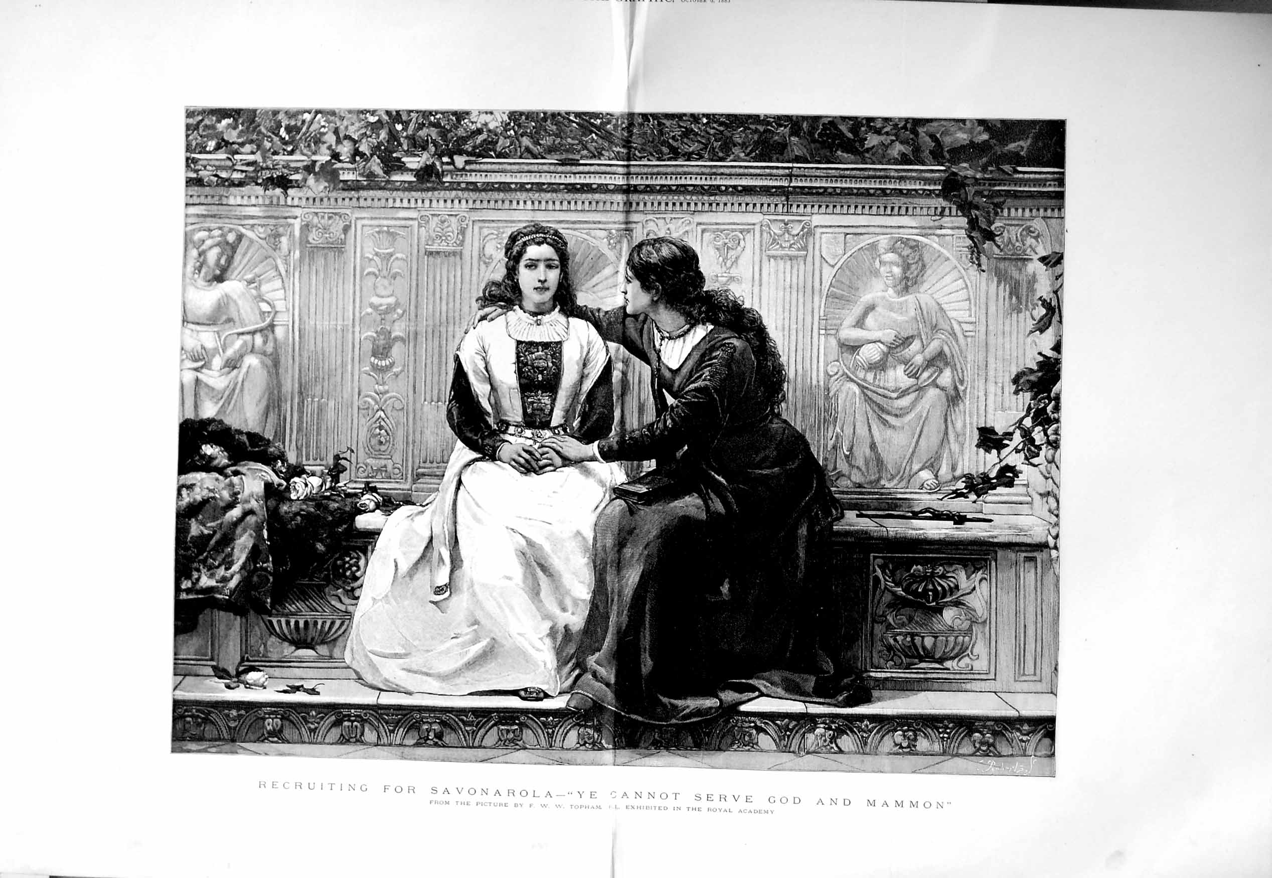 Original Old Antique Print 1886 Savonarola Ladies God Mammon Fine Art Topham
