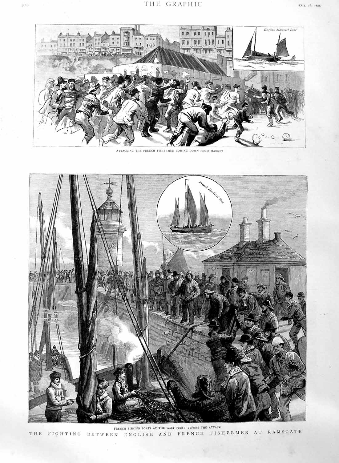 Original Old Antique Print 1886 English French Fishermen Ramsgate Fishing Boats