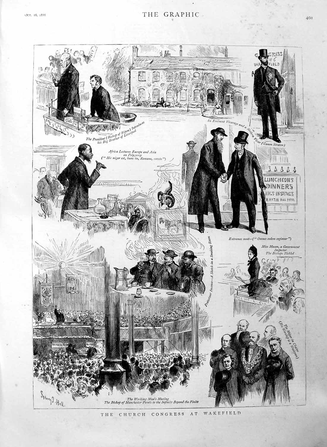 Old Antique Print 1886 Church Congress Wakfield Bishop Manchester Vicar 19th