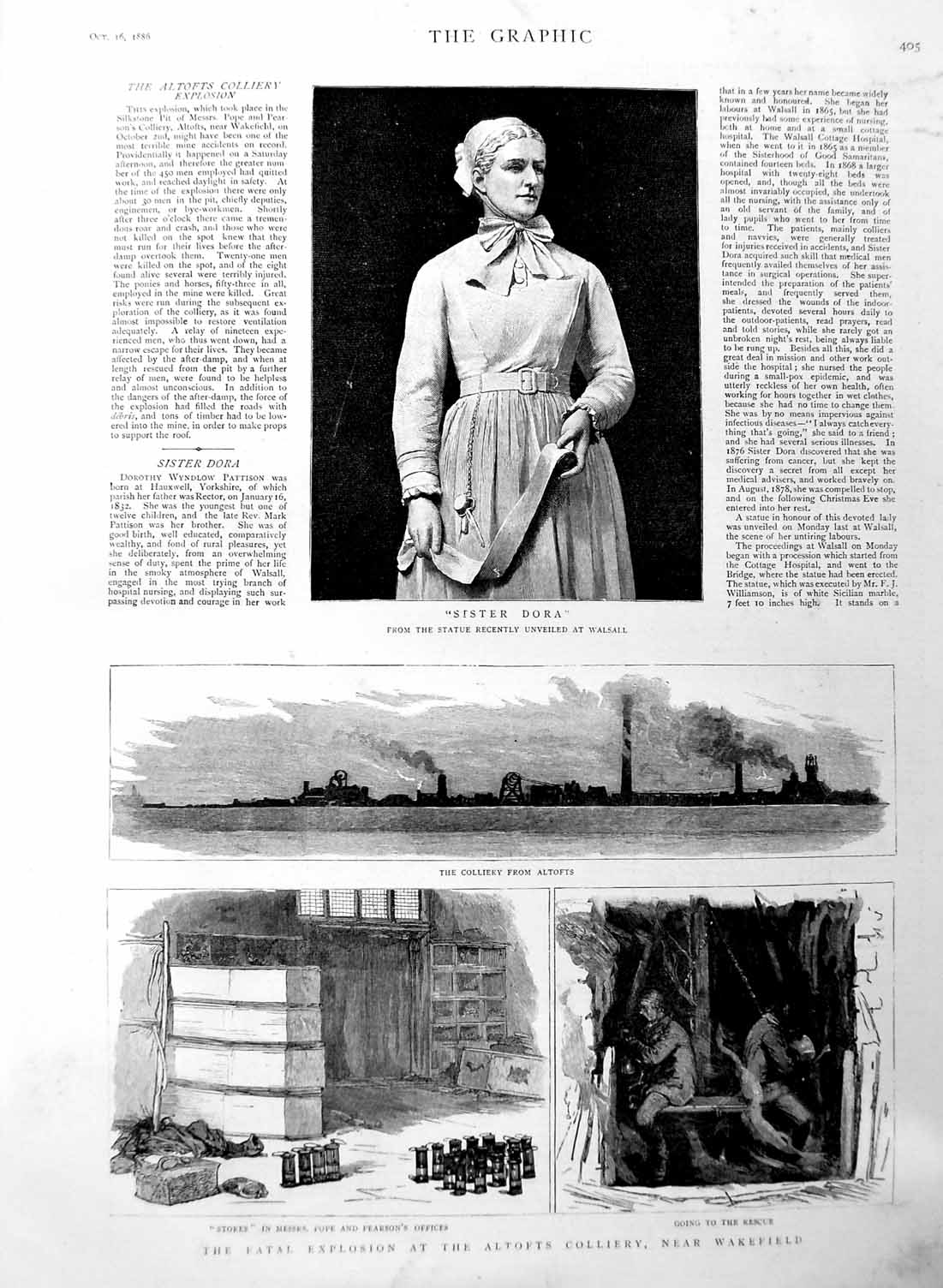 Original Old Antique Print 1886 Statue Sister Dora Walsall Altofts Colliery 19th