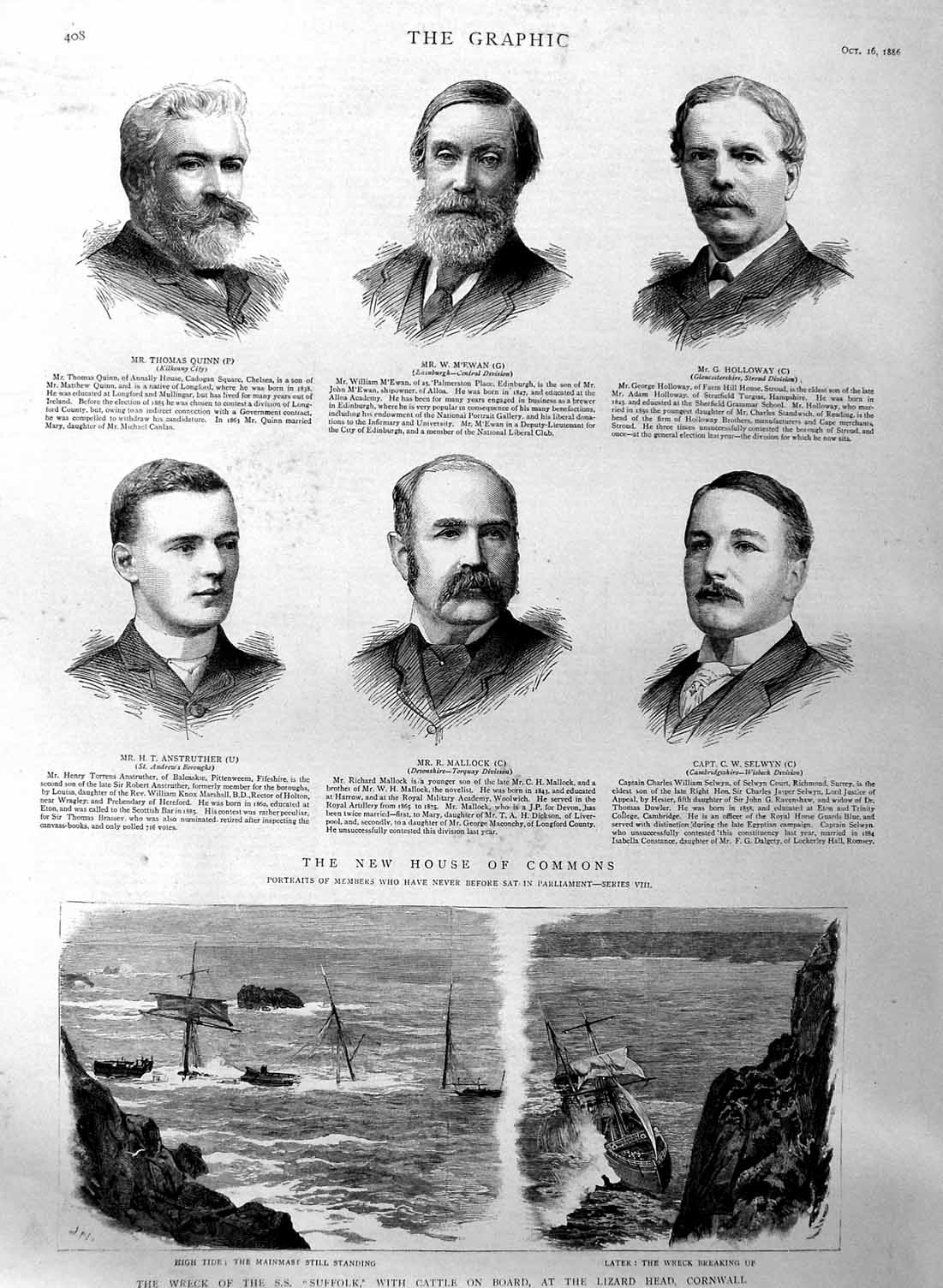 Old Antique Print 1886 Ship Wreck Suffolk Cornwall Parliament Quinn Men 19th