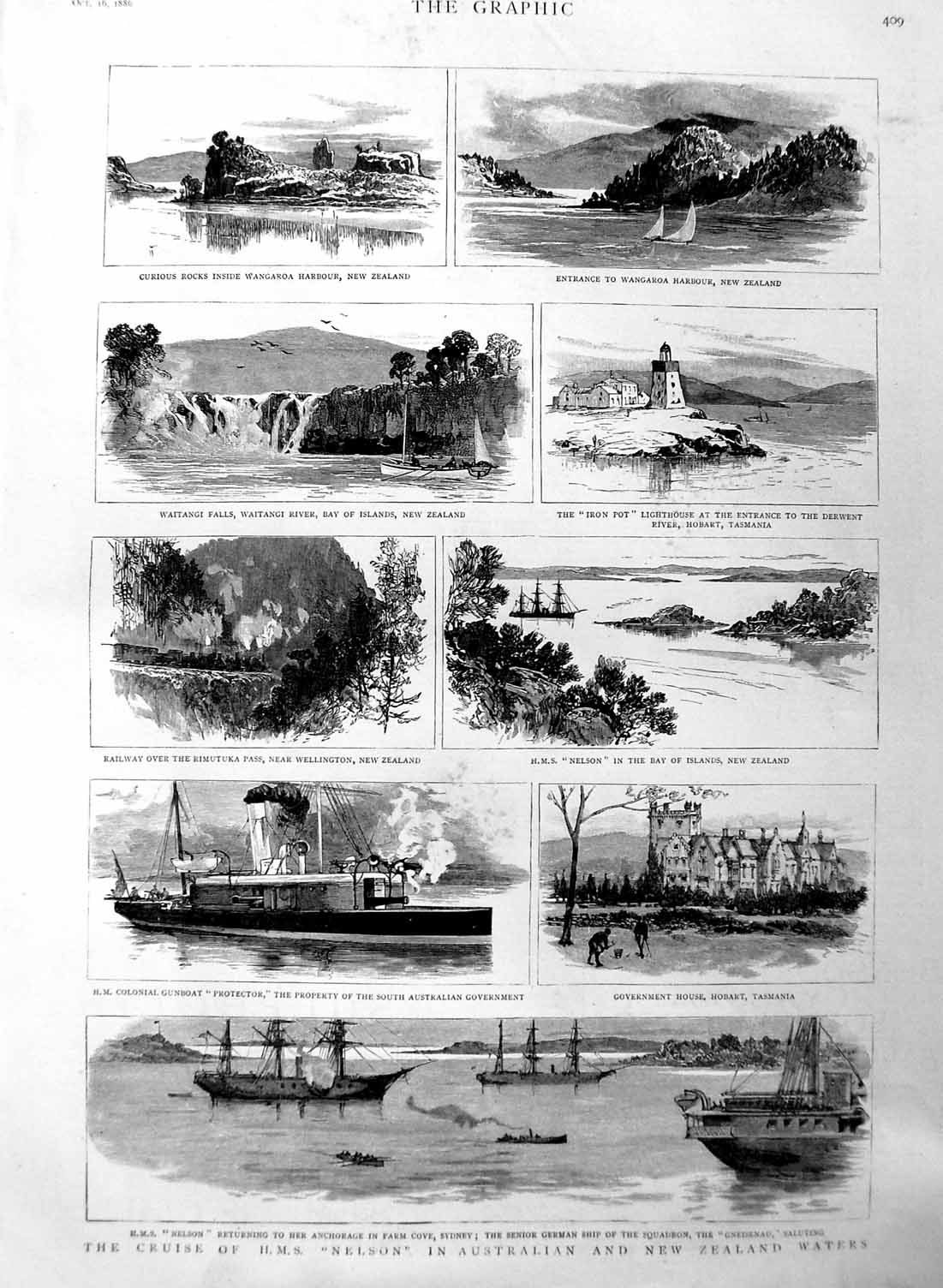 Old Antique Print 1886 Ship Nelson Australia New Zealand Wangaroa Hobart 19th