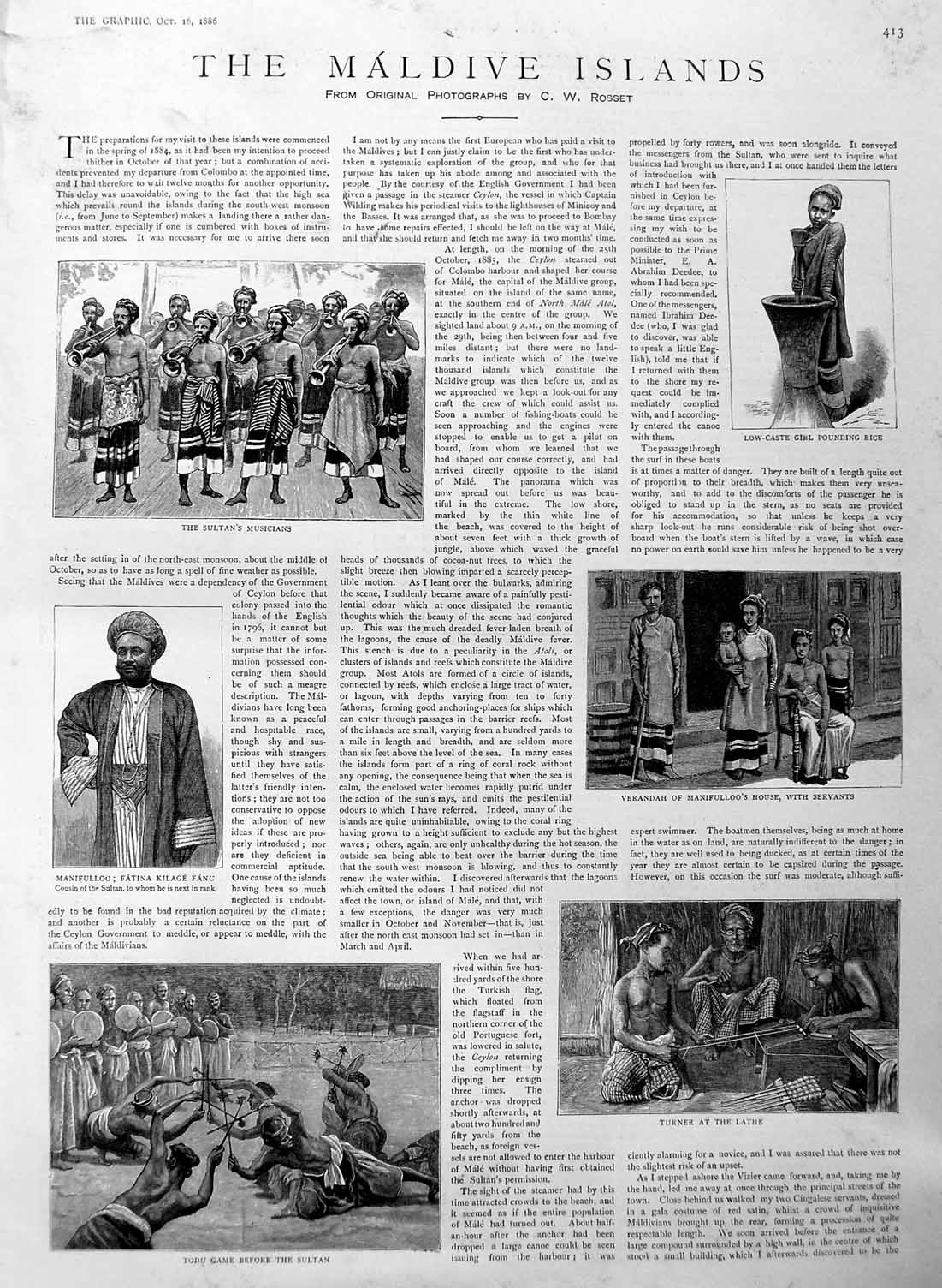 Original Old Antique Print 1886 Maldive Islands Manifulloo Todu Sultan Victorian