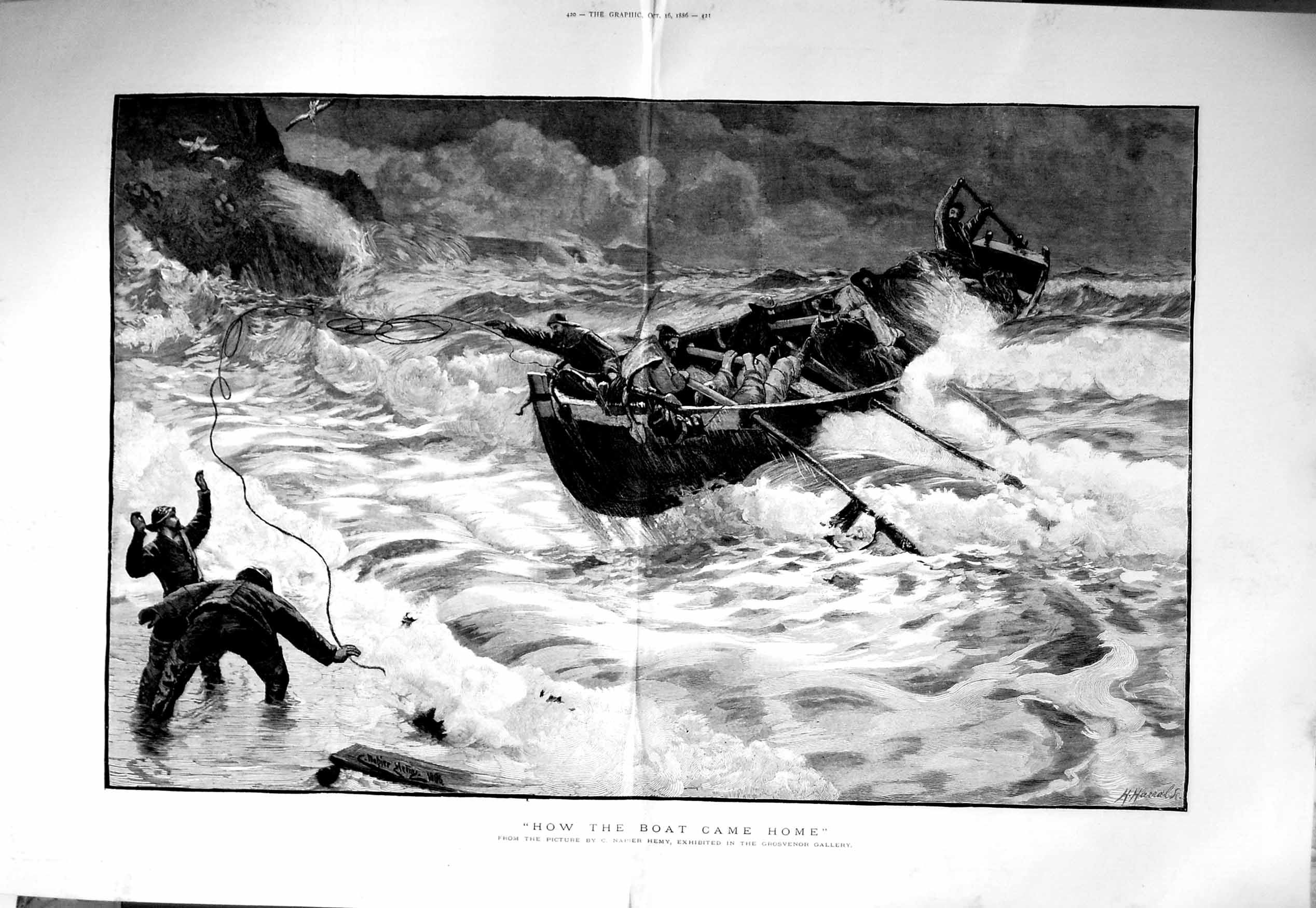 Original Old Antique Print 1886 Napier Hemy Fine Art Boat Stormy Sea Rescue