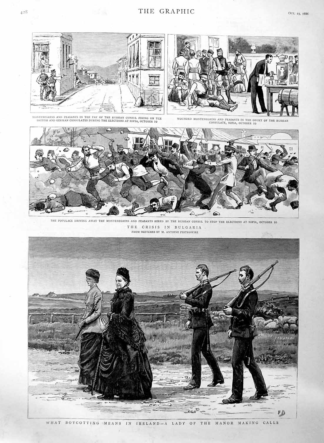 Original Old Antique Print 1886 Ireland Bulgaria Elections Montenegrin Peasants