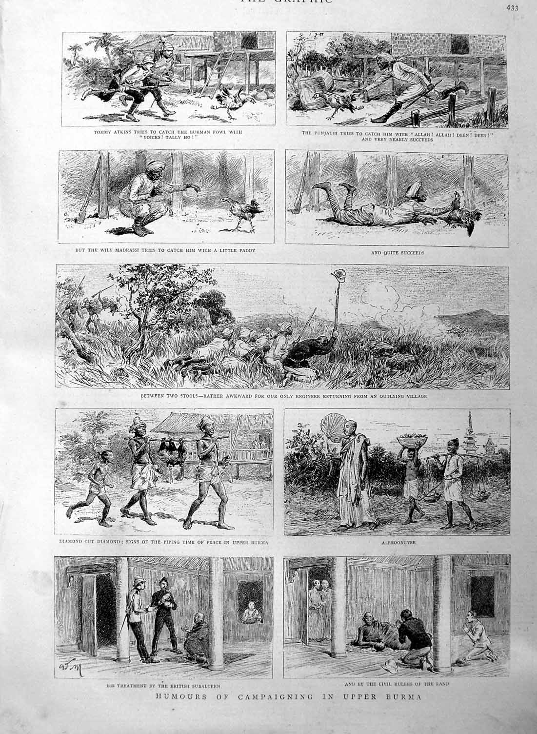 Original Old Antique Print 1886 Humours Campaigning Upper Burmah Siers Natives