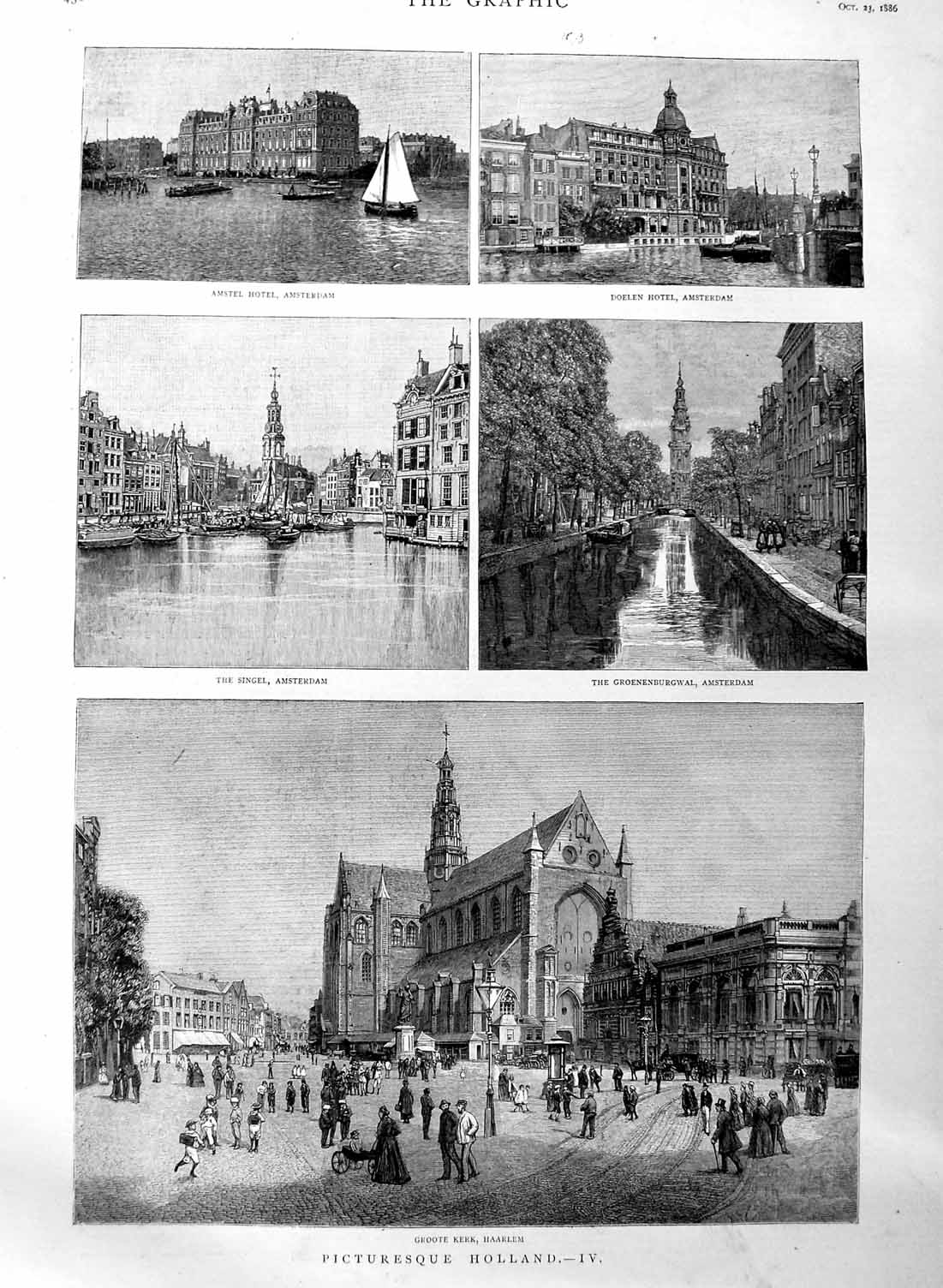 Original Old Antique Print 1886 Holland Groote Kerk Haarlem Amsterdam Singe 19th