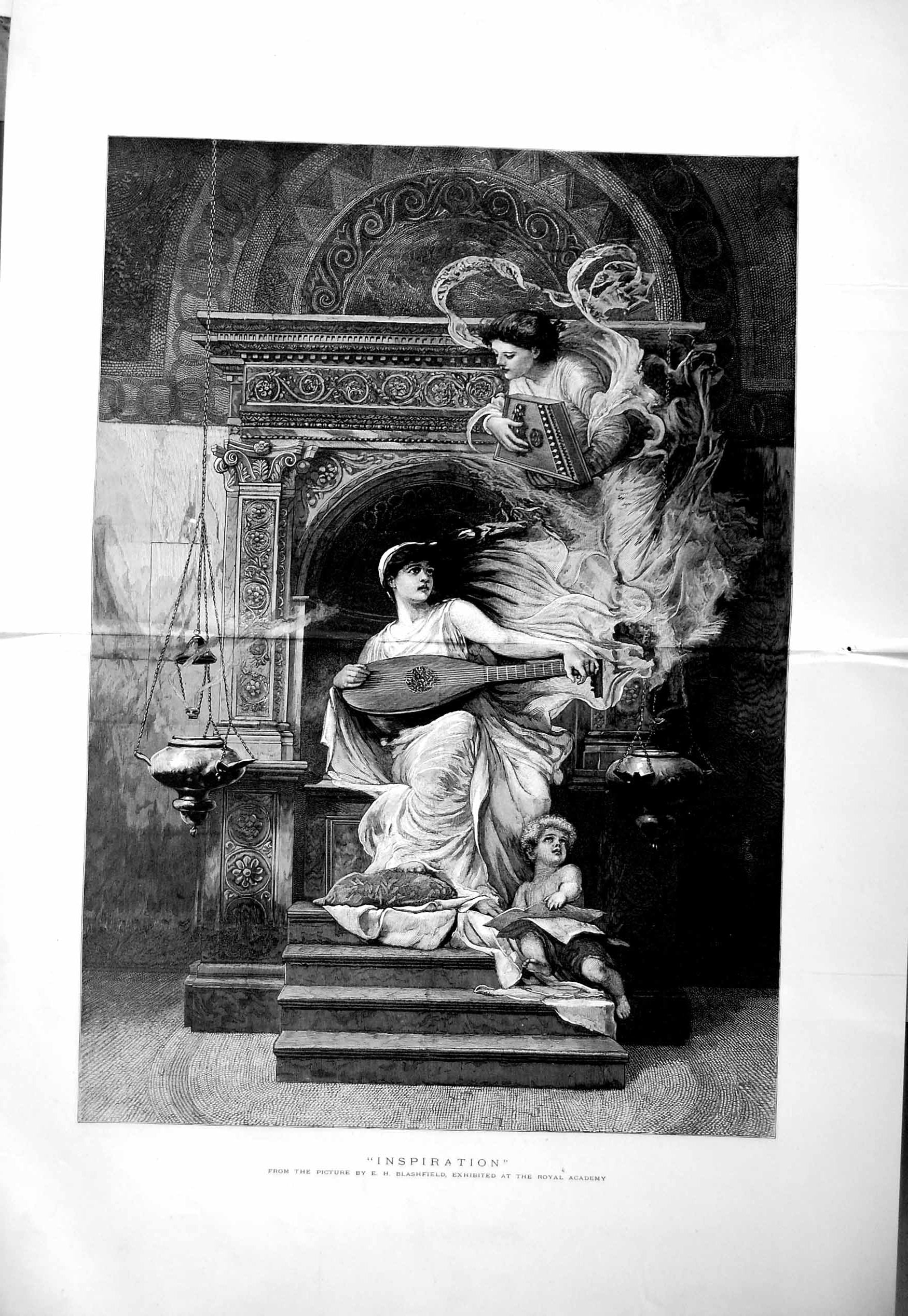 Original Old Antique Print 1886 Blashfield Fine Art Inspiration Lady Music 19th