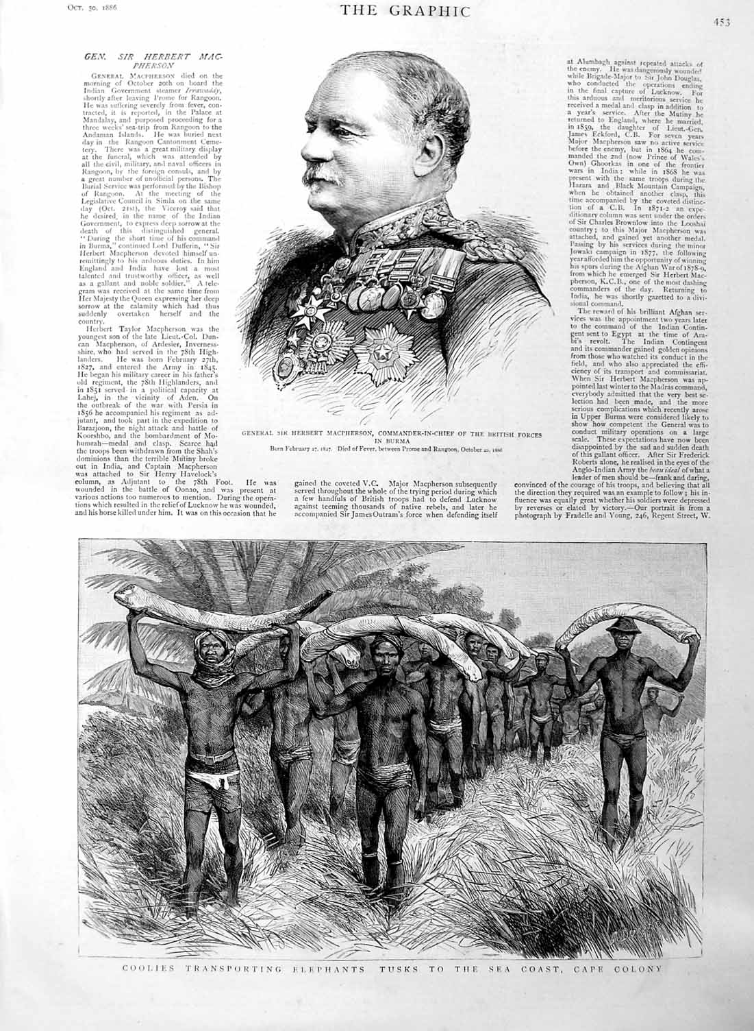 Original Old Antique Print 1886 General Machperson Burma Coolies Elephant Tusks