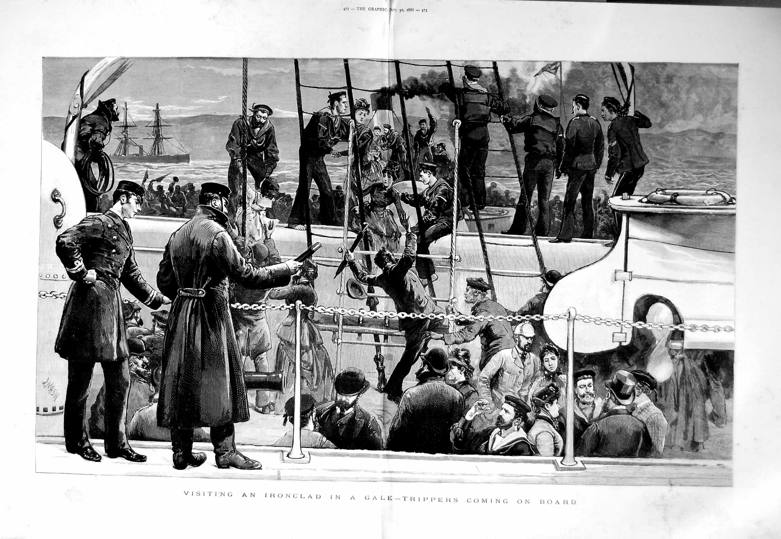 Old Antique Print 1886 Trippers Visiting Ironclad Ship Sailors Fine Art 19th