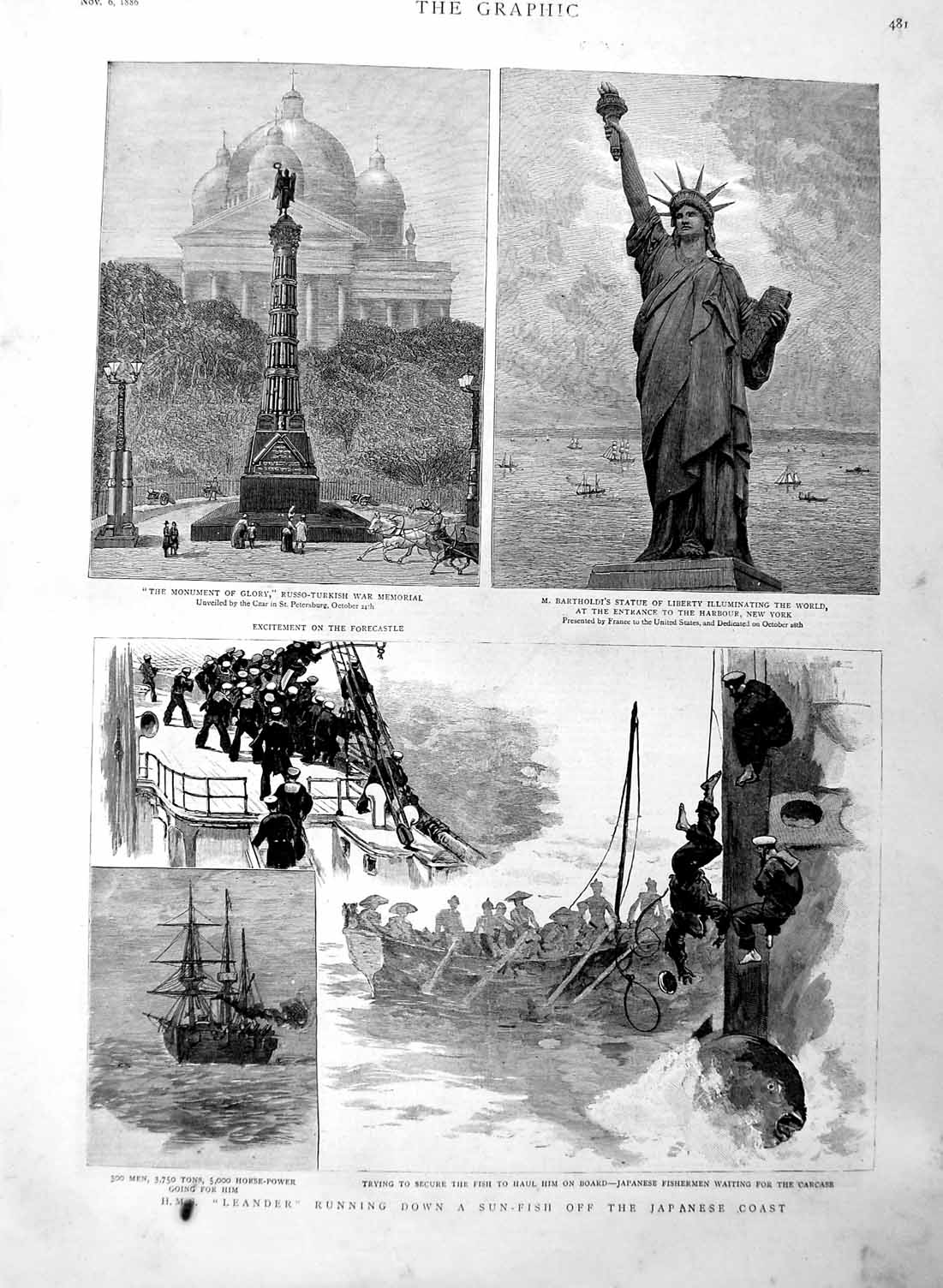 Old Antique Print 1886 Ship Leander Japan Monument Glory Statue Liberty 19th