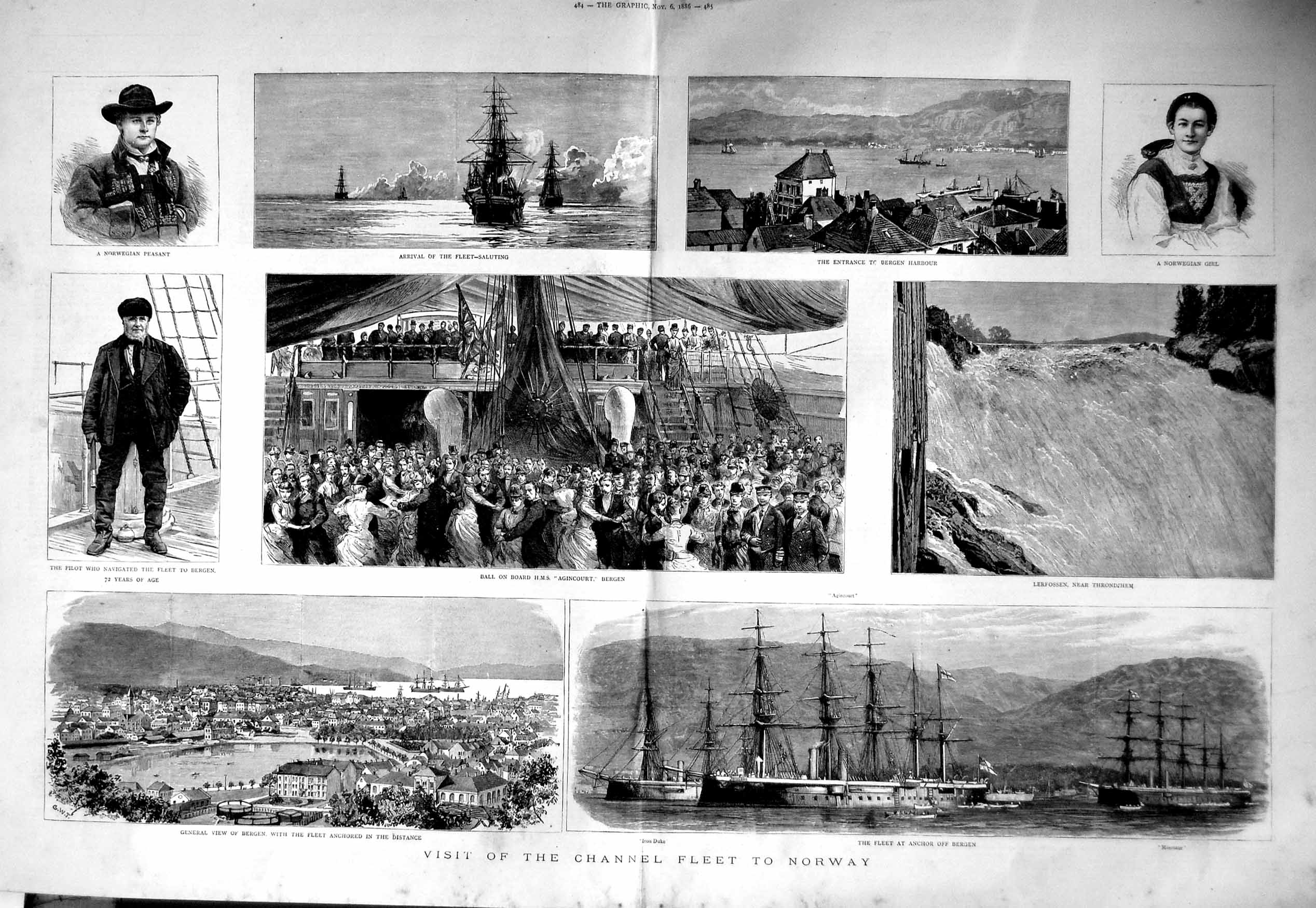 Original Old Antique Print 1886 Ships Norway Bergen Agincourt Iron Duke M 19th