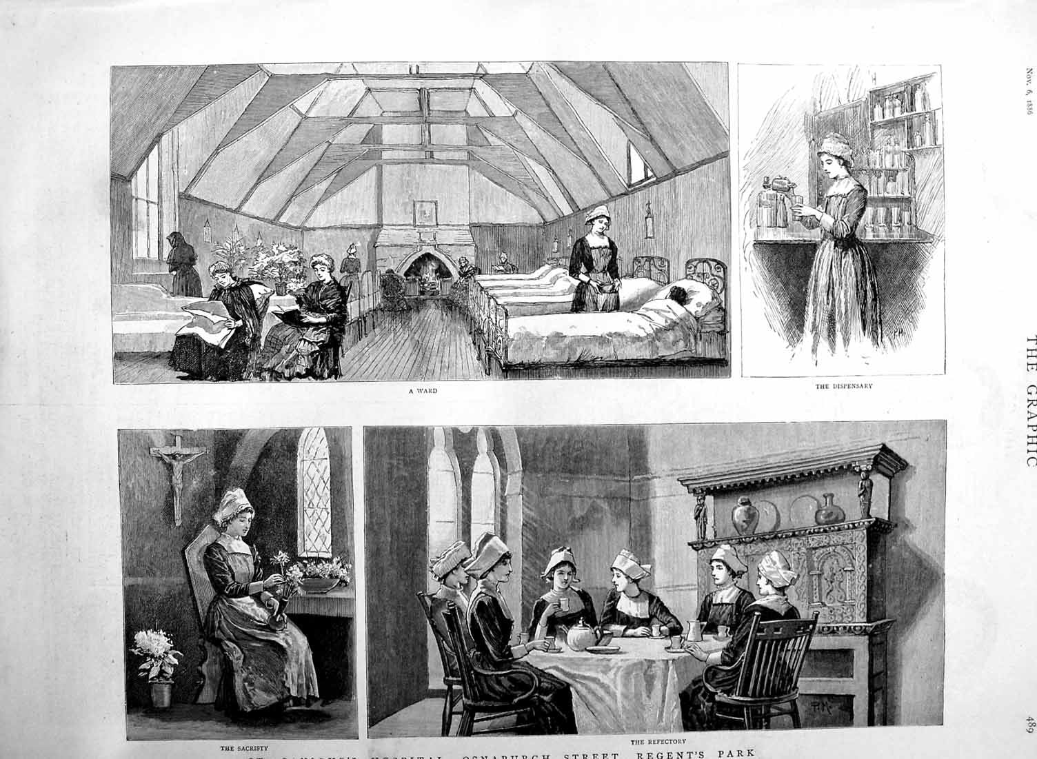 Old Antique Print 1886 St. Saviours Hospital Osnaburgh Regents Park Nurse 19th