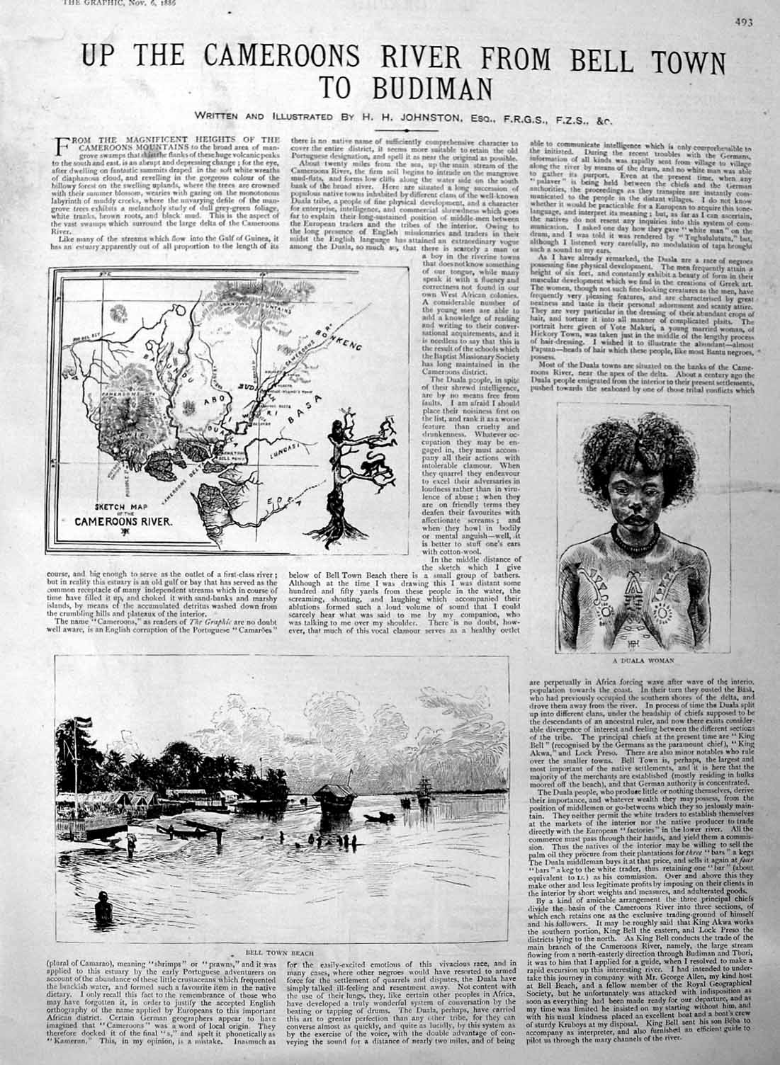 Original Old Antique Print 1886 Cameroons River Duala Woman Bell Town Victorian