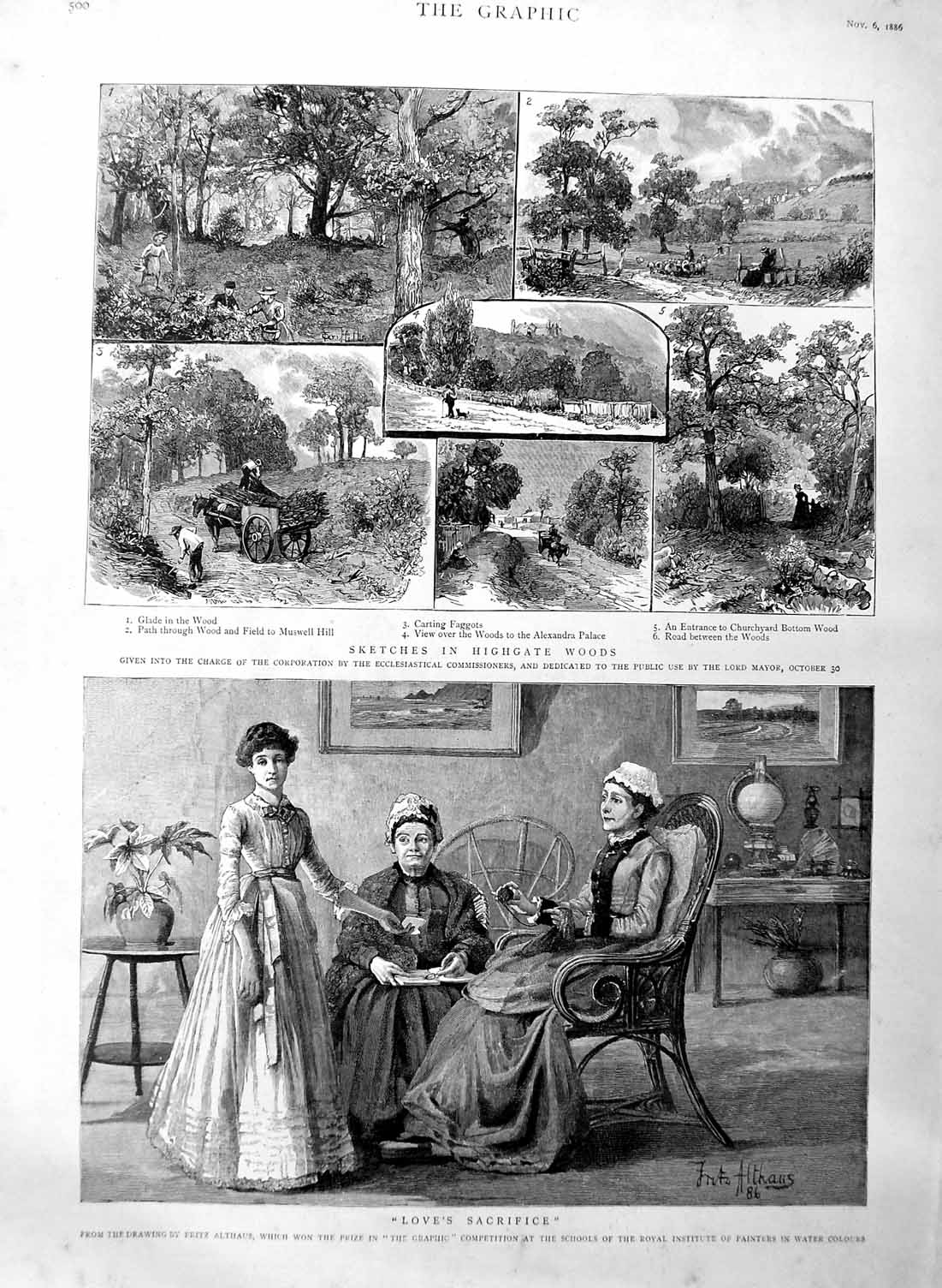 Original Old Antique Print 1886 Highgate Woods Faggots Churchyard Ladies K 19th