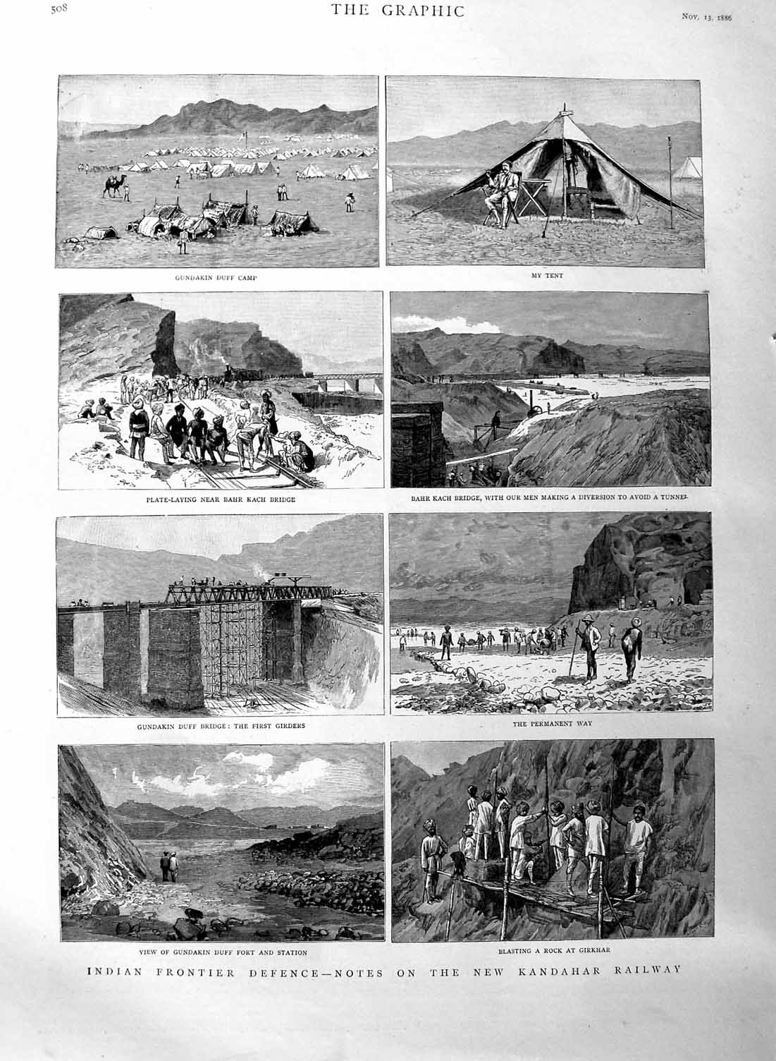 Original Old Antique Print 1886 India Defence Kandahar Railway Duff Bridge Fort
