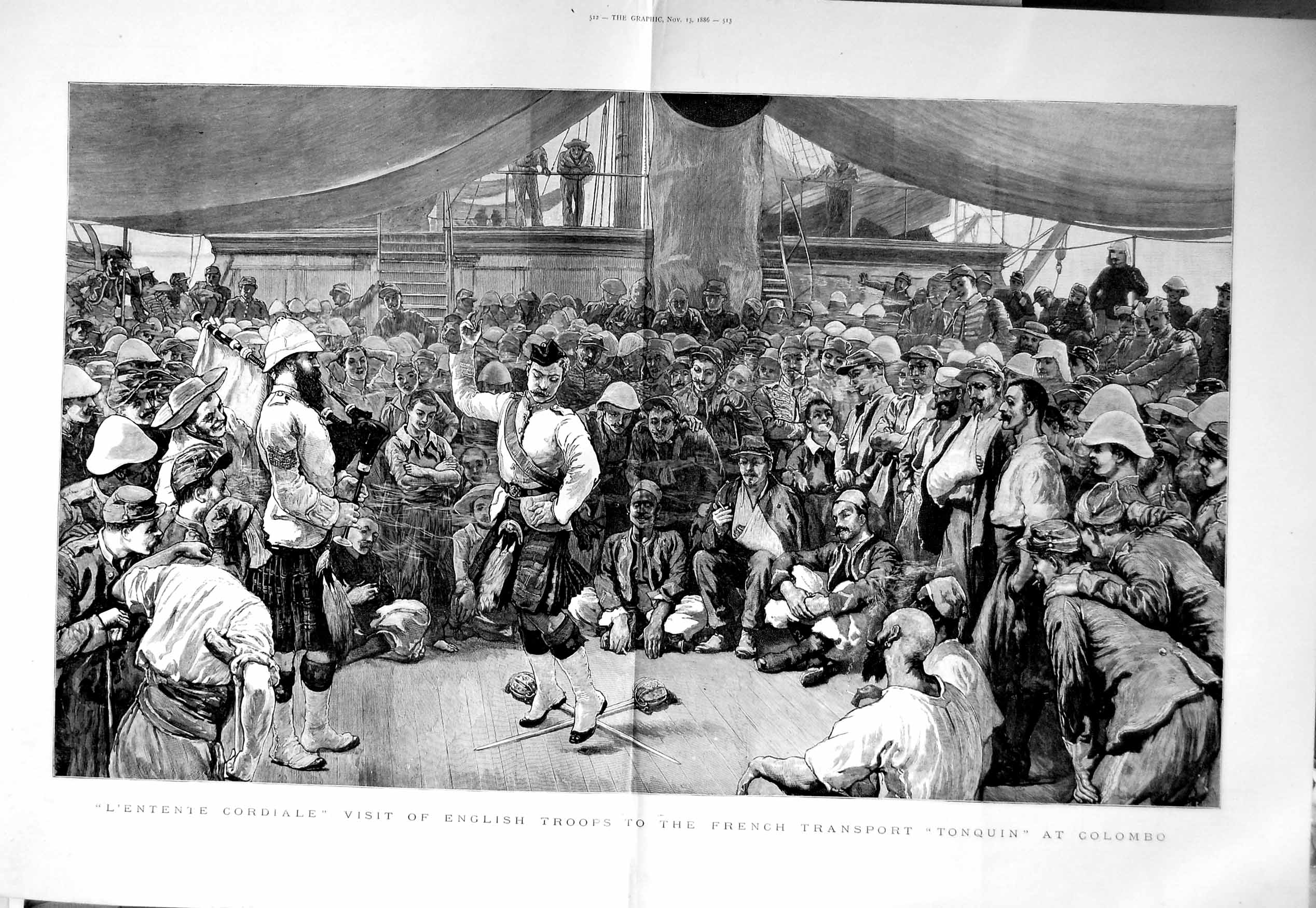 Original Old Antique Print 1886 English Troops French Transport Tonquin Shi 19th