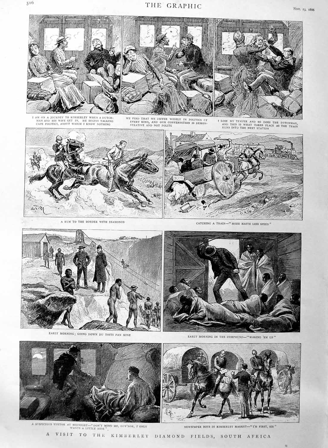 Old Antique Print 1886 Kimberley Diamond Fields South Africa Mining Train 19th