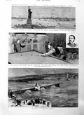 Original Old Antique Print 1886 Barthi Statue Liberty Floods France Billiards