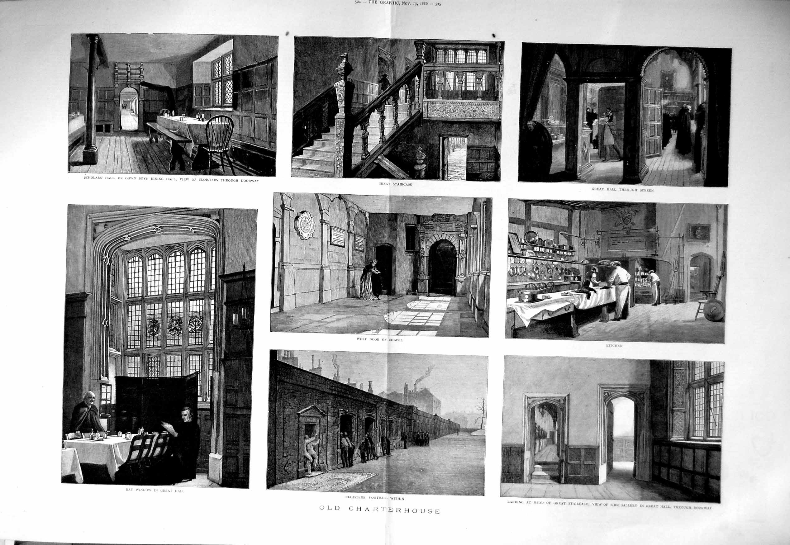 Original Old Antique Print 1886 Charterhouse Cloisters Chapel Kitchen Dining