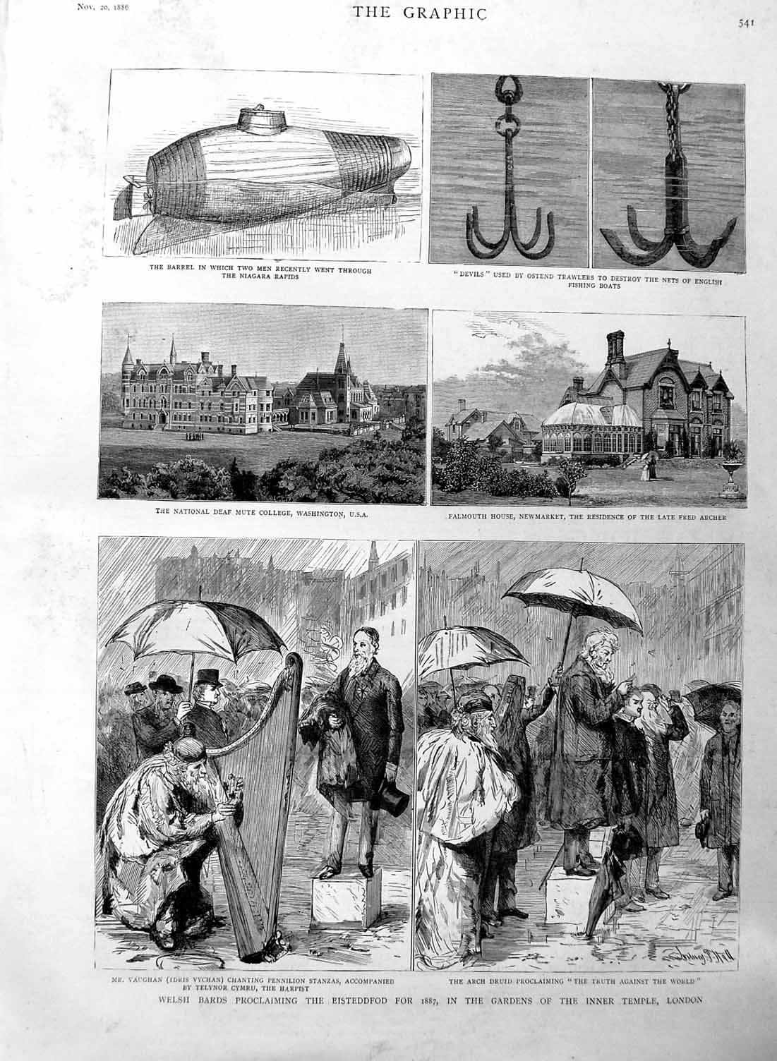 Original Old Antique Print 1886 Welsh Bards London Deaf College Fred Archer 19th