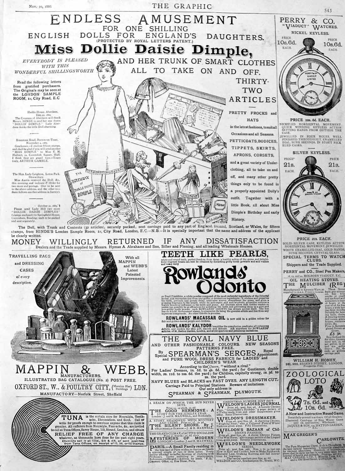 Original Old Antique Print 1886 Advertisement Mappin Dollie Dimple Perry Watch