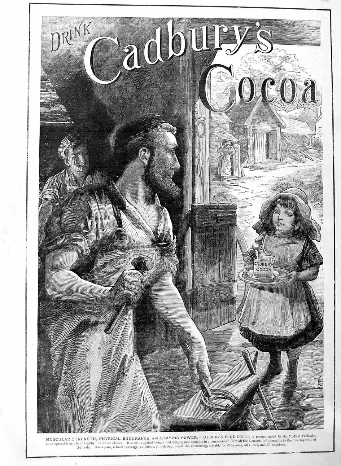 Original Old Antique Print 1886 Advertisement Cadbury'S Cocoa Drink Little Girl