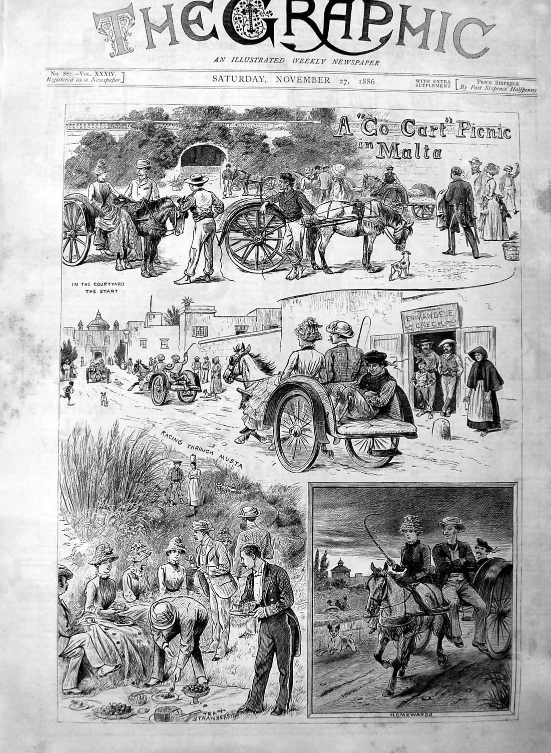 Original Old Antique Print 1886 Go Cart Picnic Malta Horse 19th
