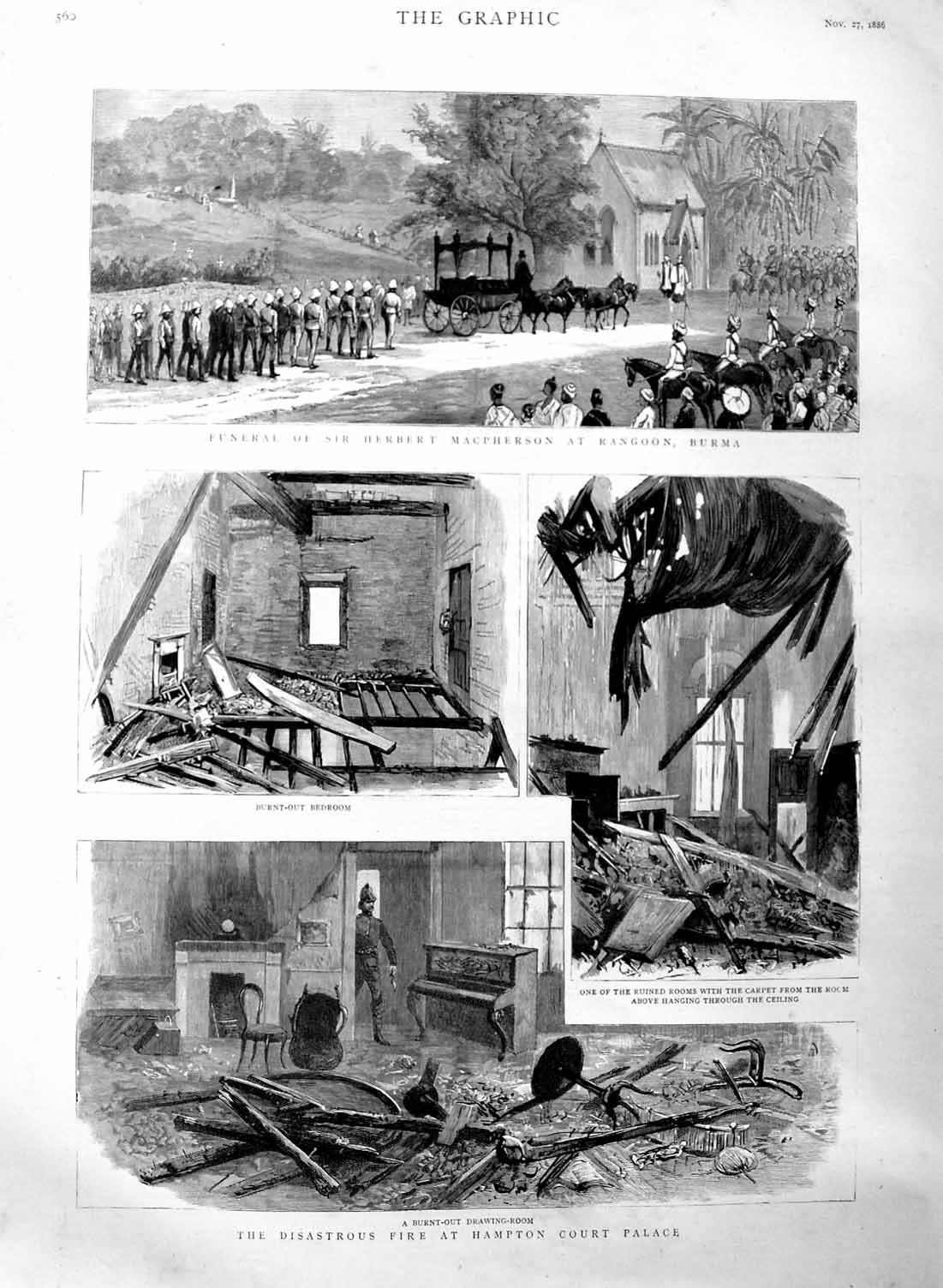 Old Antique Print 1886 Fire Hampton Court Palace Funeral Macpherson Burma 19th