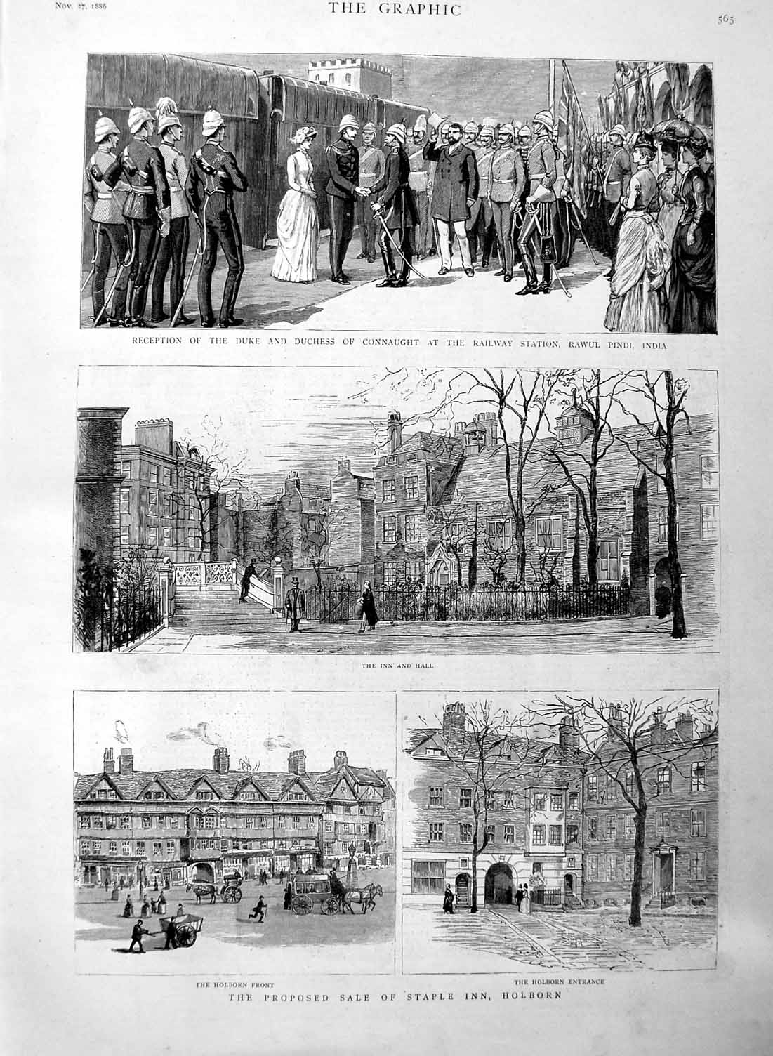 Original Old Antique Print 1886 Staple Inn Holborn Duke Connaught Railway India