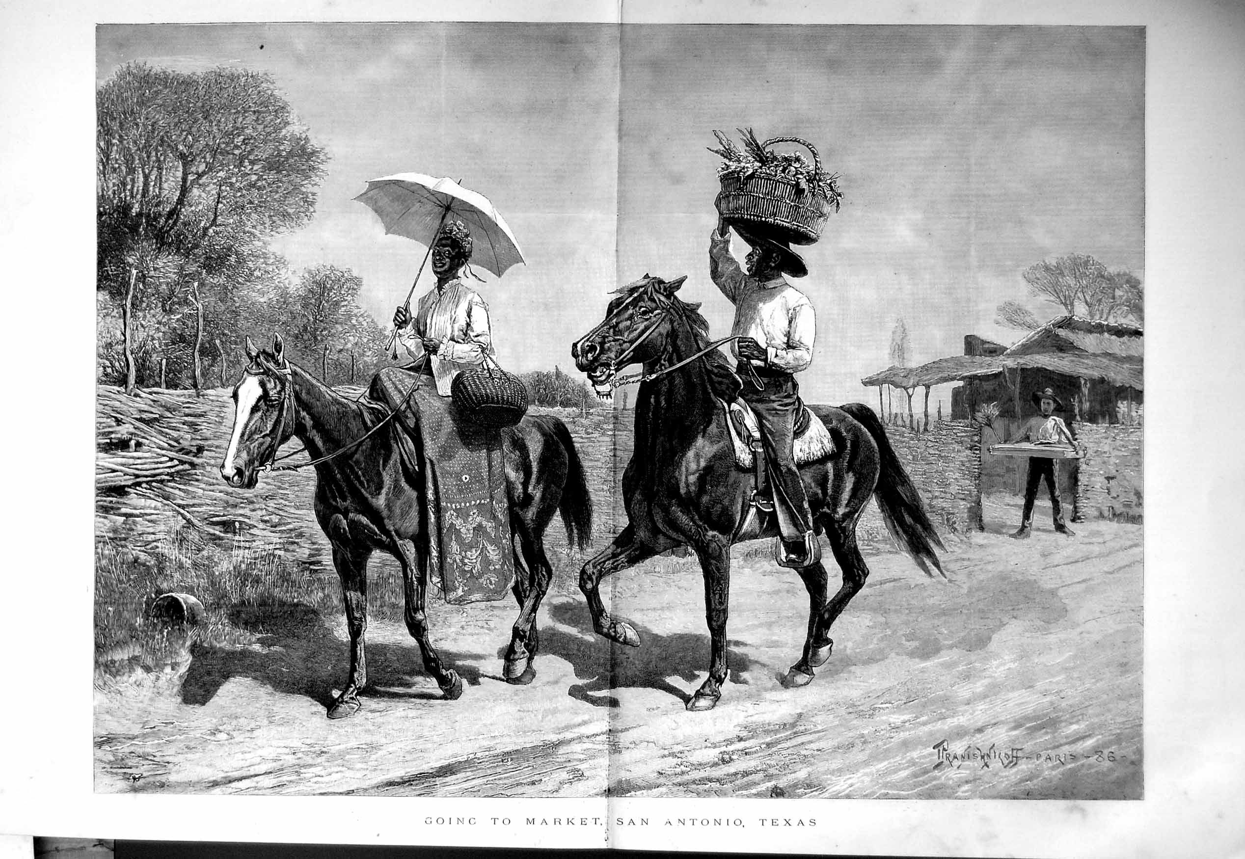 Old Antique Print 1886 Natives Horses Market San Antonio Texas America 19th