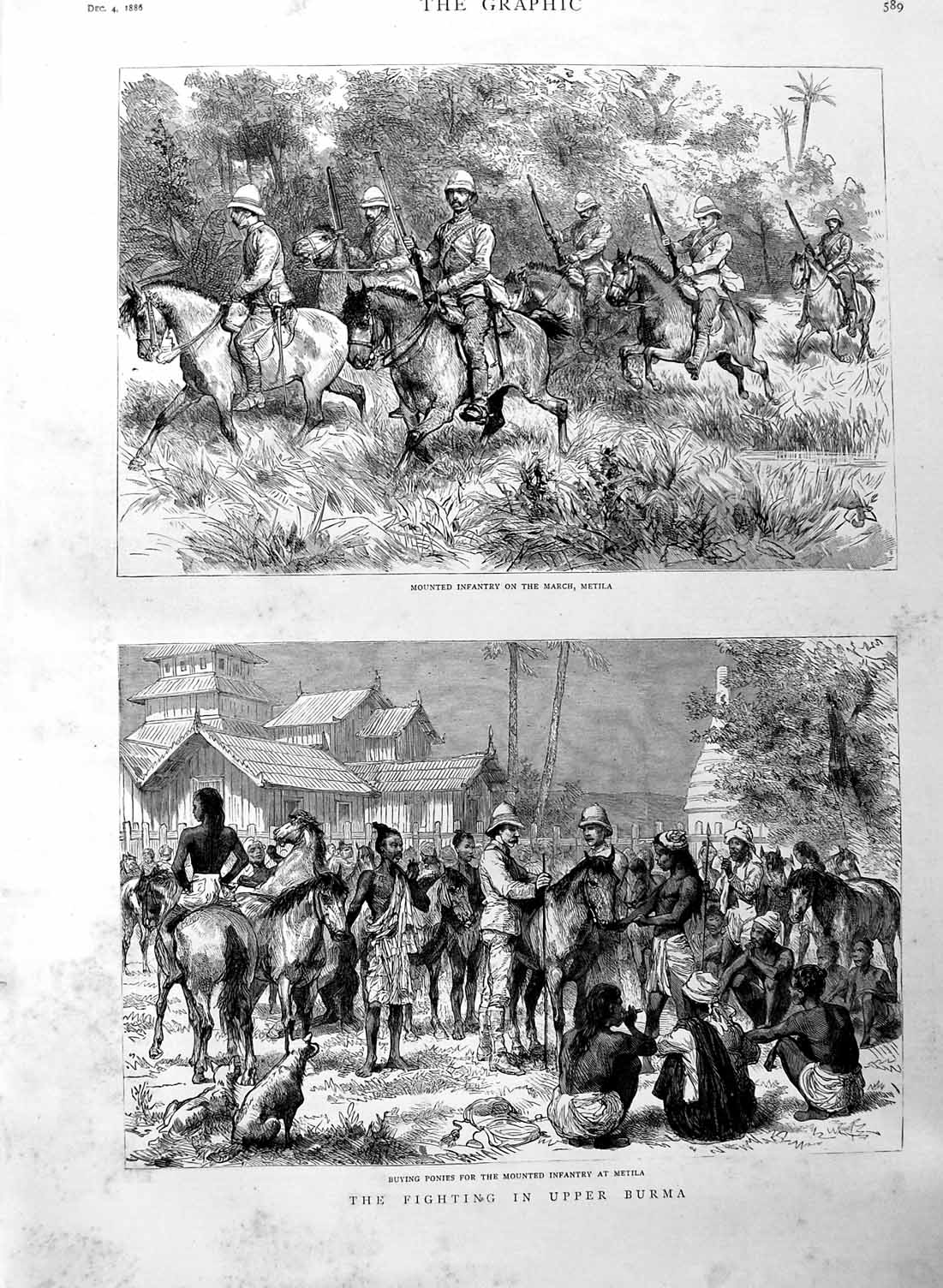 Original Old Antique Print 1886 Mounted Inantry Metila Ponies Burma Nati 19th