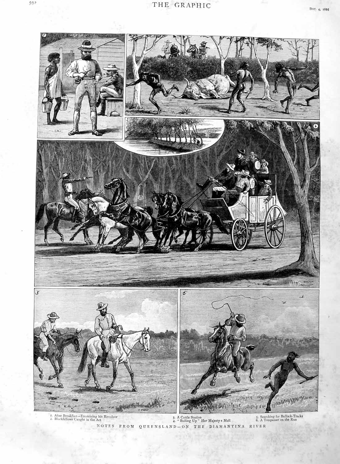 Old Antique Print 1886 Queensland Australia Diamantina River Cattle Horse 19th