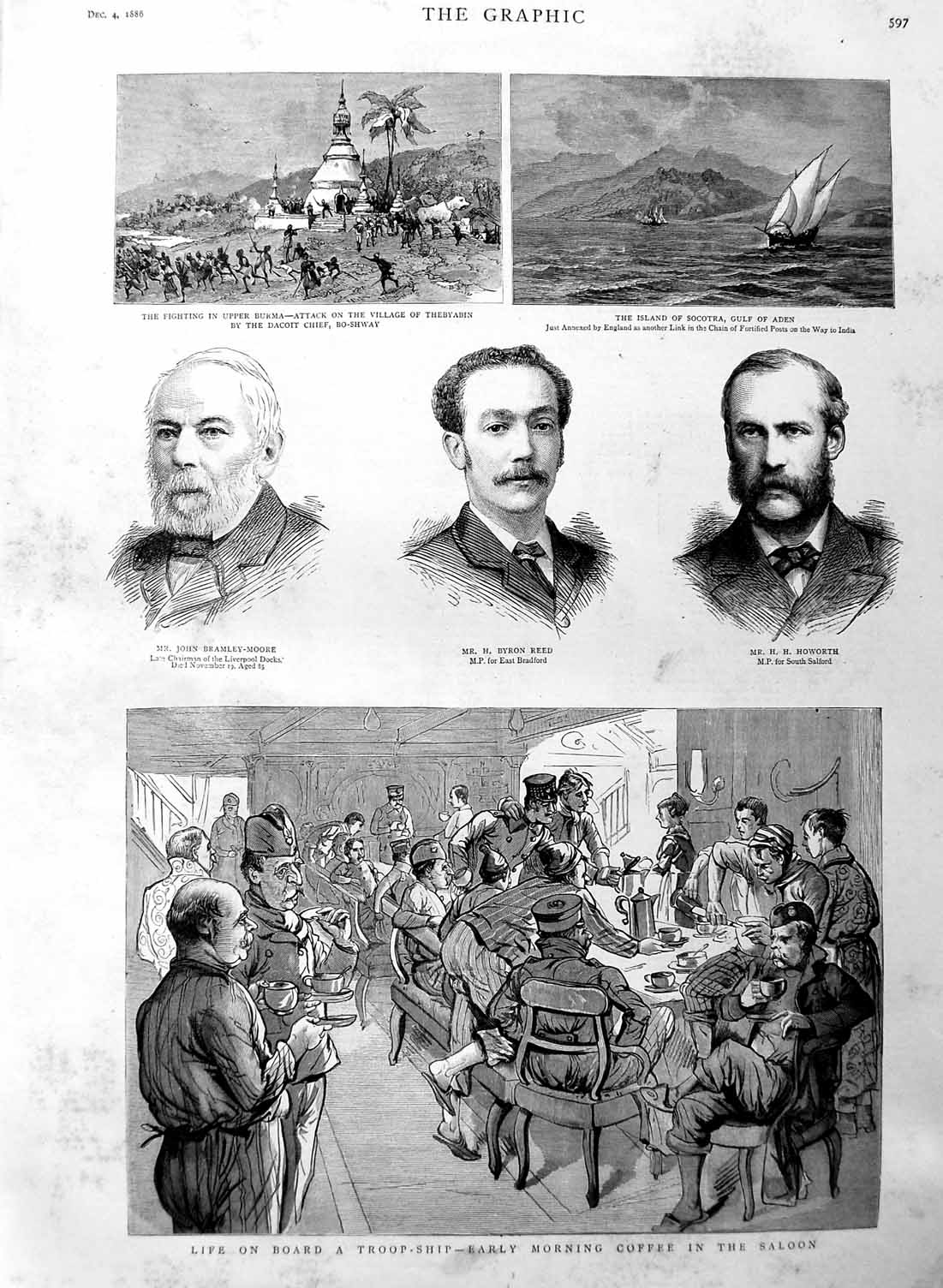 Original Old Antique Print 1886 Troop Ship Saloon Burma Socotra Reed Howorth