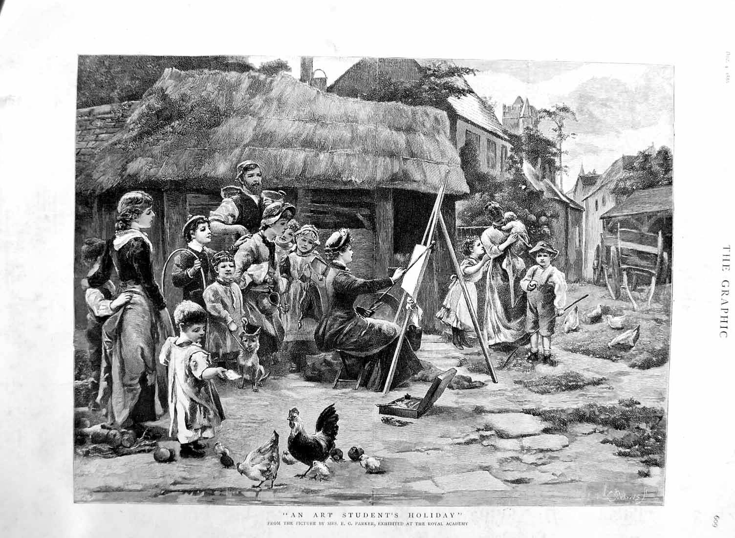 Original Old Antique Print 1886 Lady Art Student Holiday Painting Farm C 19th