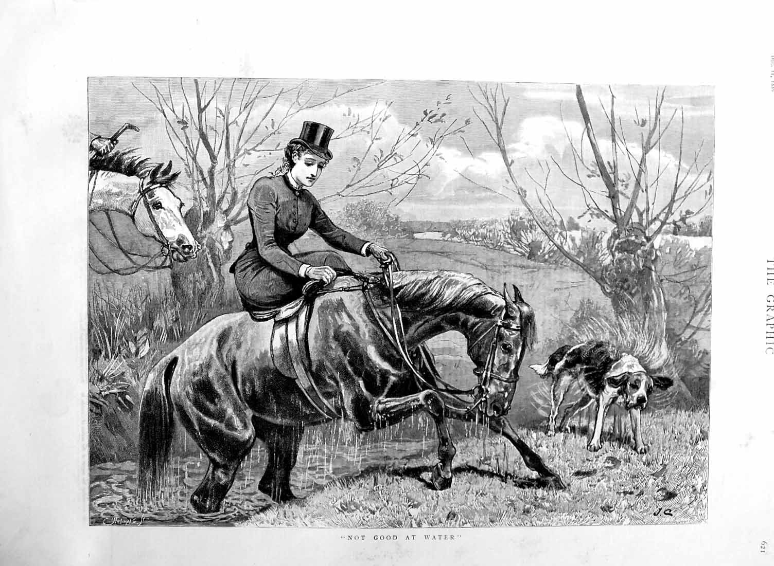Original Old Antique Print 1886 Lady Hunting Horse Hounds River 19th