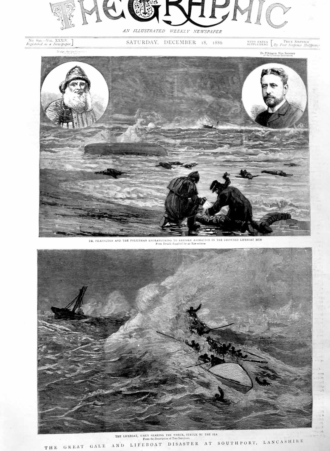 Original Old Antique Print 1886 Lifeboat Ship Wreck Southport Pilkington Po 19th