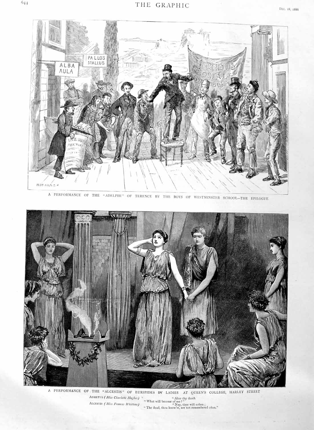 Old Antique Print 1886 Alcestis Theatre Harley Adelphi Westminster School 19th