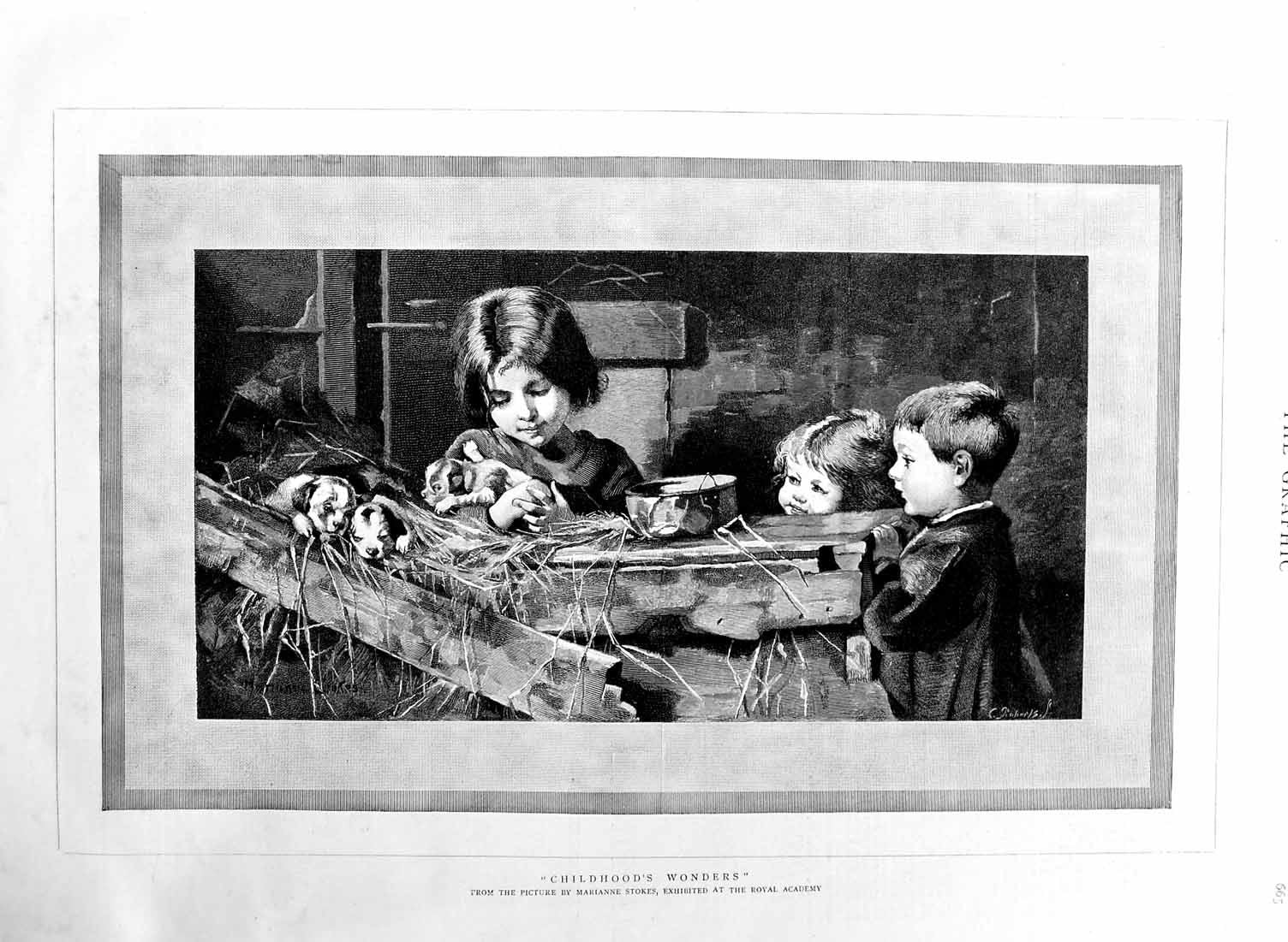 Original Old Antique Print 1886 Marianne Stokes Fine Art Children Puppy Dogs
