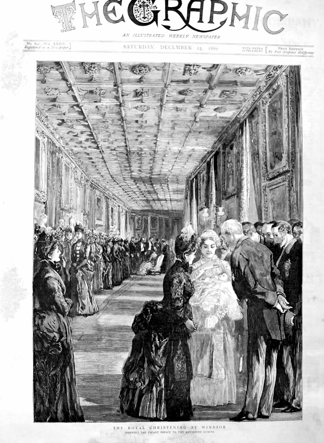 Original Old Antique Print 1886 Royal Christening Baby Prince Windsor Castle